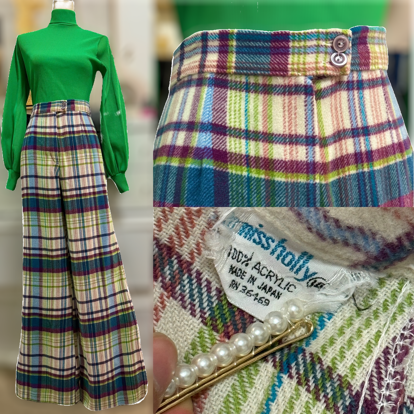 70s Plaid, High Rise, Wide Leg Pants (M,30"W)