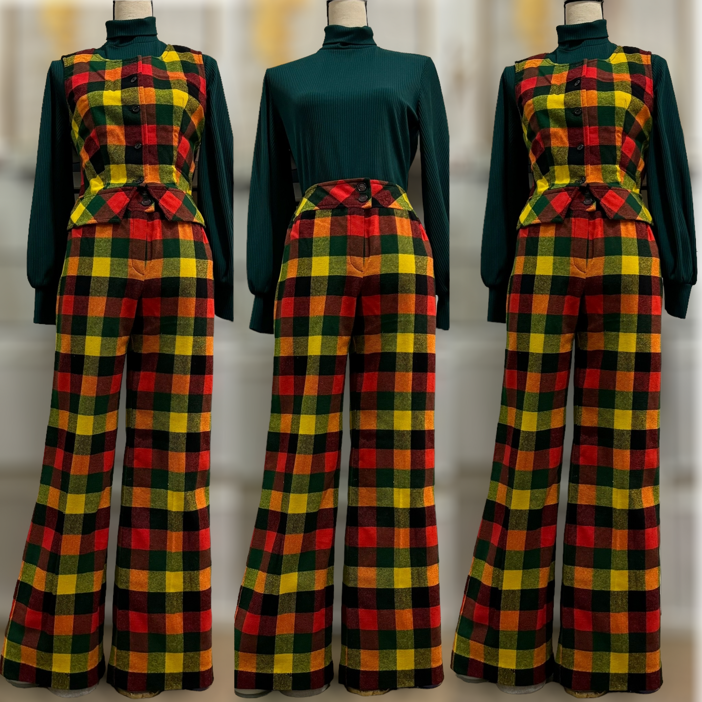 60's-70's Winter Checkered 2Pc Vest Pantsuit (M, 29”-30”W)
