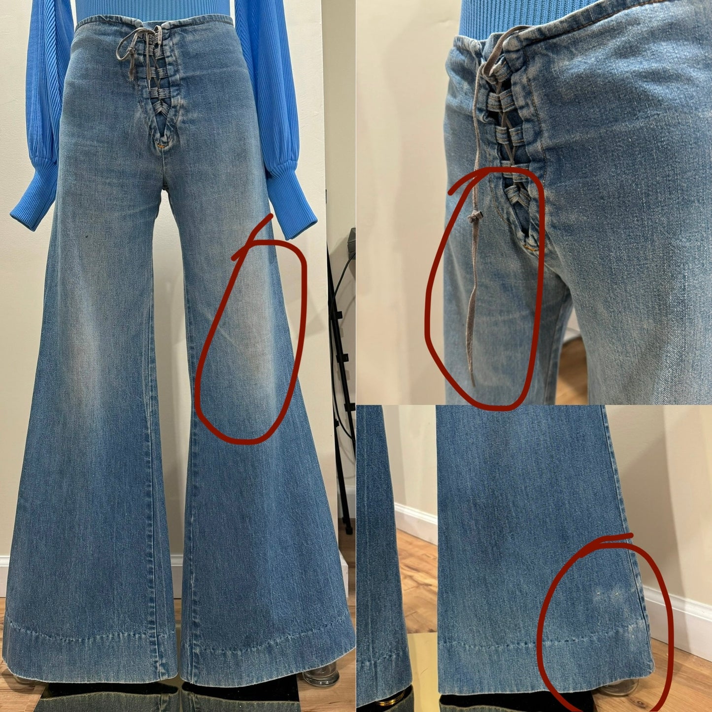 70s Denim Cotton, Lace Up Bell Bottoms, High Rise Pants (S, 28"Waist)