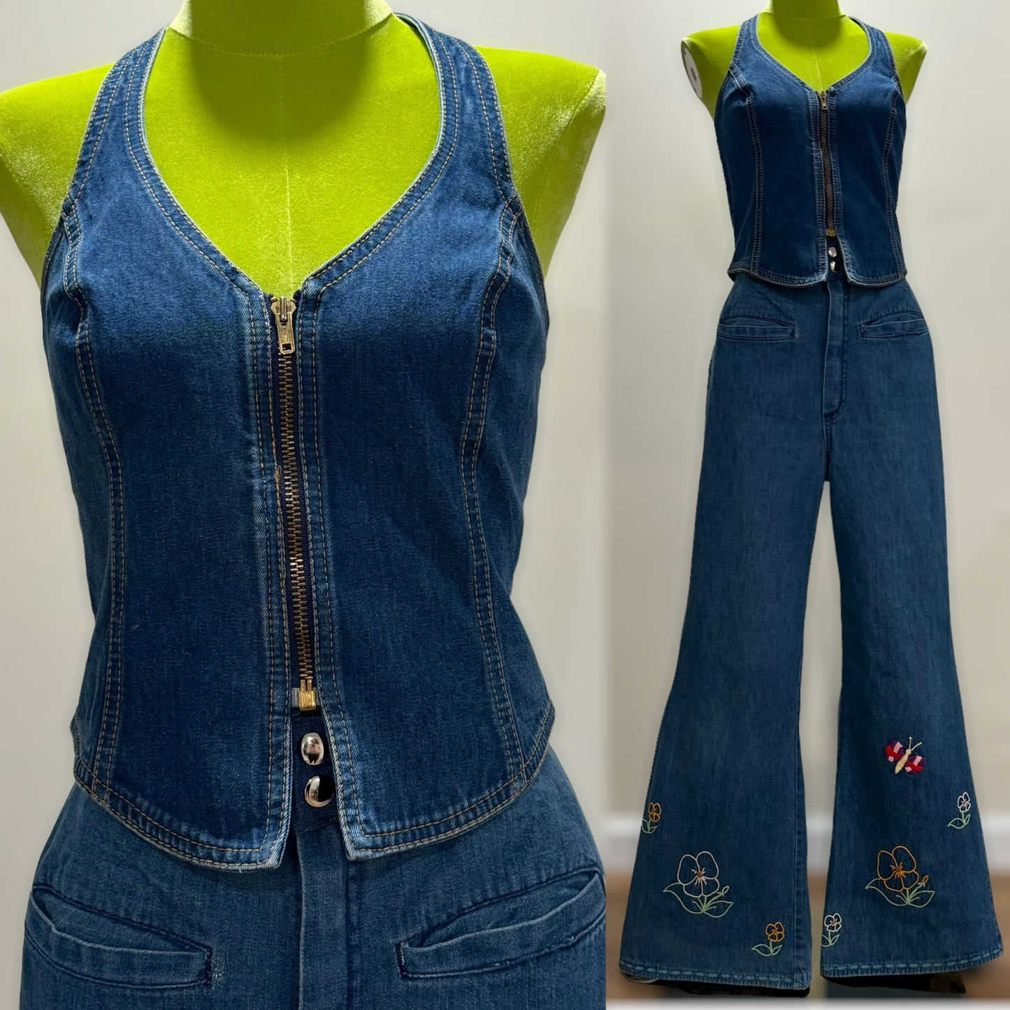 70s Rare Denim, Zipper Front Halter Top (S, 32" Bust)