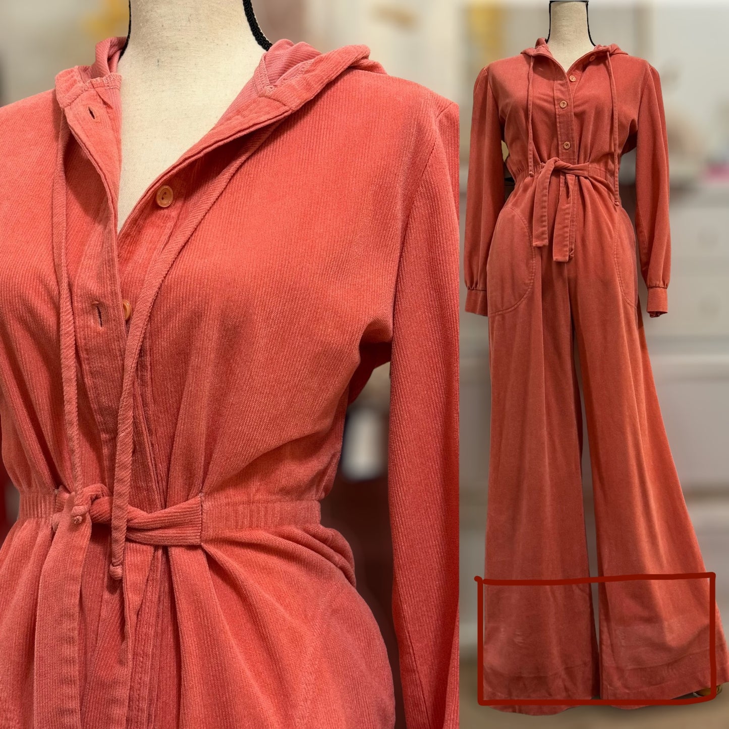 70s Hooded Bell Bottom Jumpsuit (Medium, 27"-30" Waist)