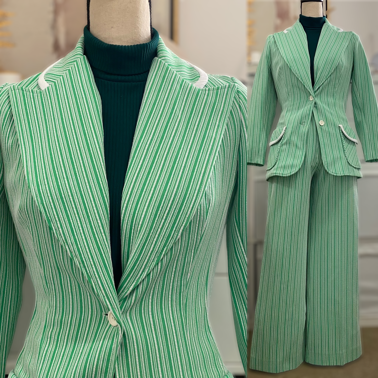 60s-70s Green Striped 2pc Pantsuit - Jacket & Wide Leg Bottoms (XS-S, 24”-29” waist)