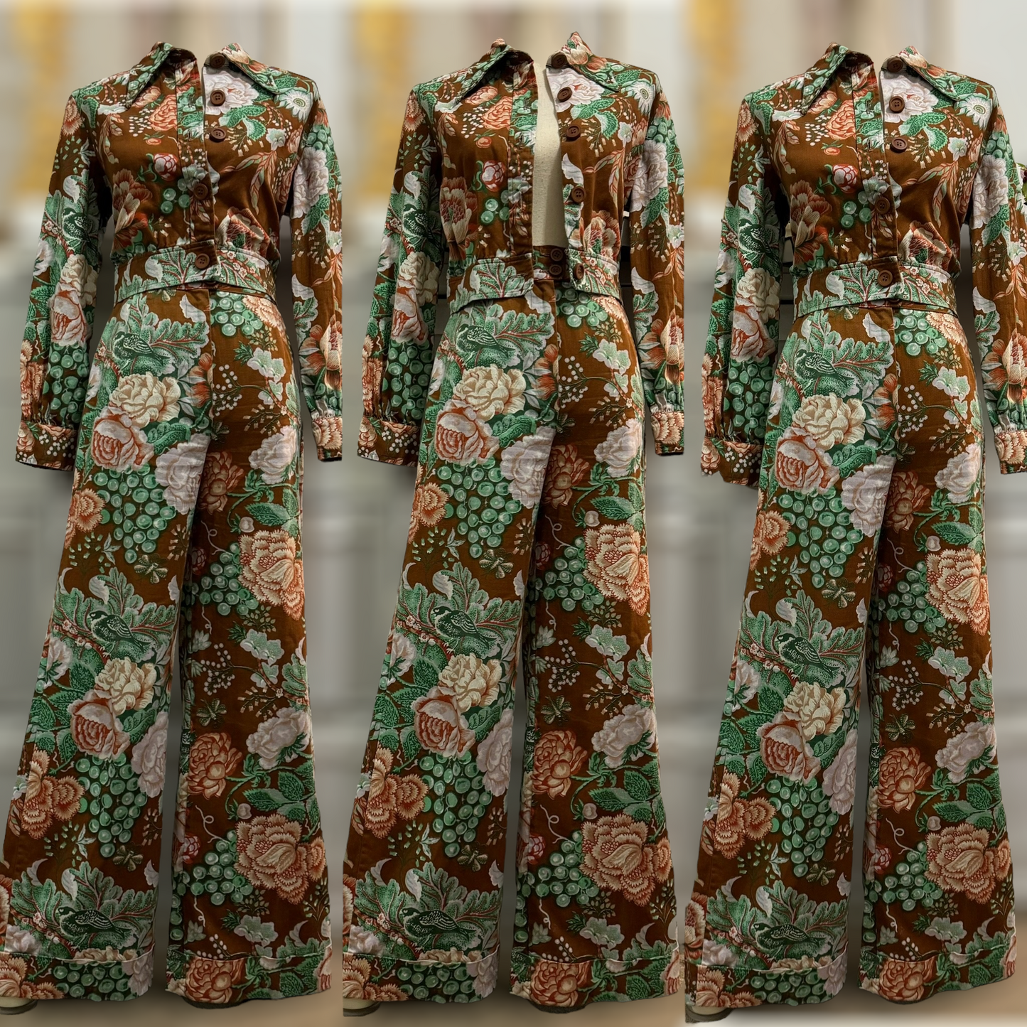 70s Flora & Fauna 2PC Pantsuit w/ Cropped Jacket (S/M, 27”-28”” waist)