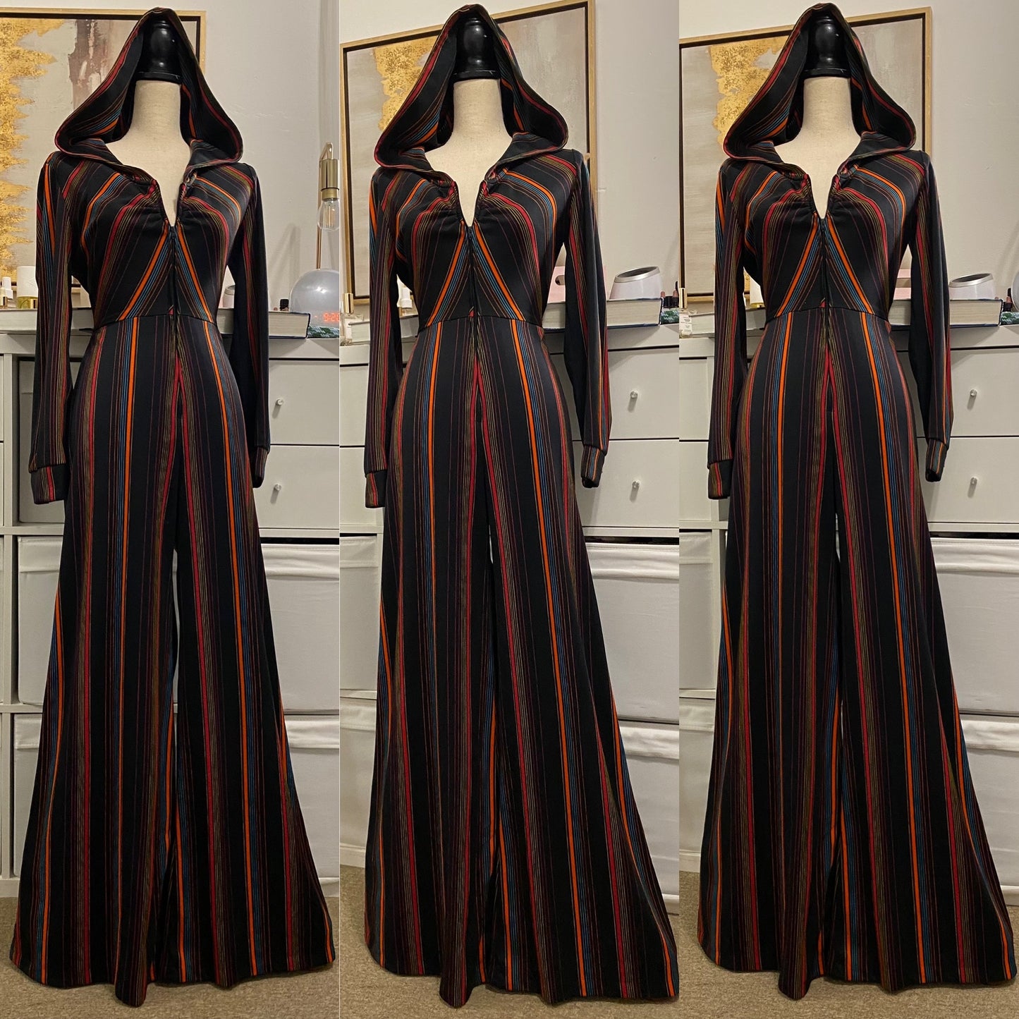 70's Hooded & Multicolor Disco Sexy Bell Bottom Jumpsuit (Medium, 28" Waist)