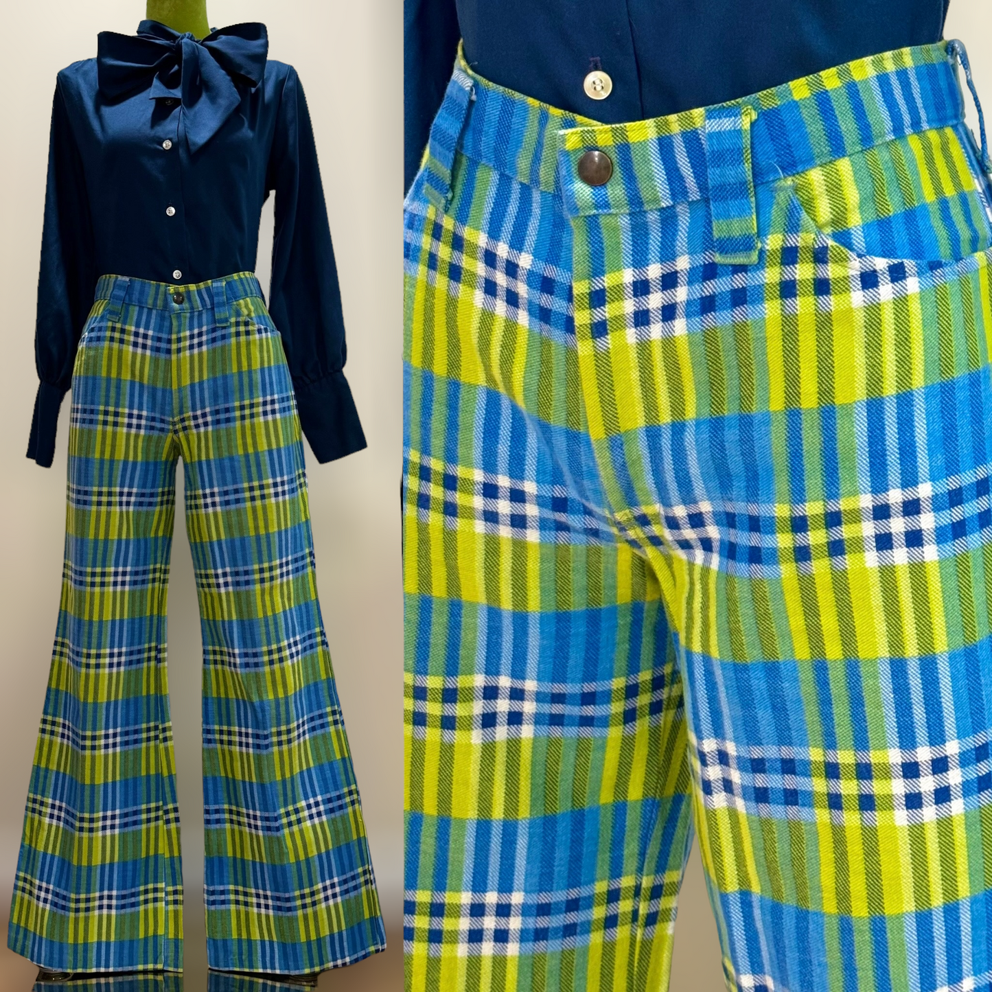 70s Plaid Midrise Bell Bottom Cotton Pants (S, 29"W)