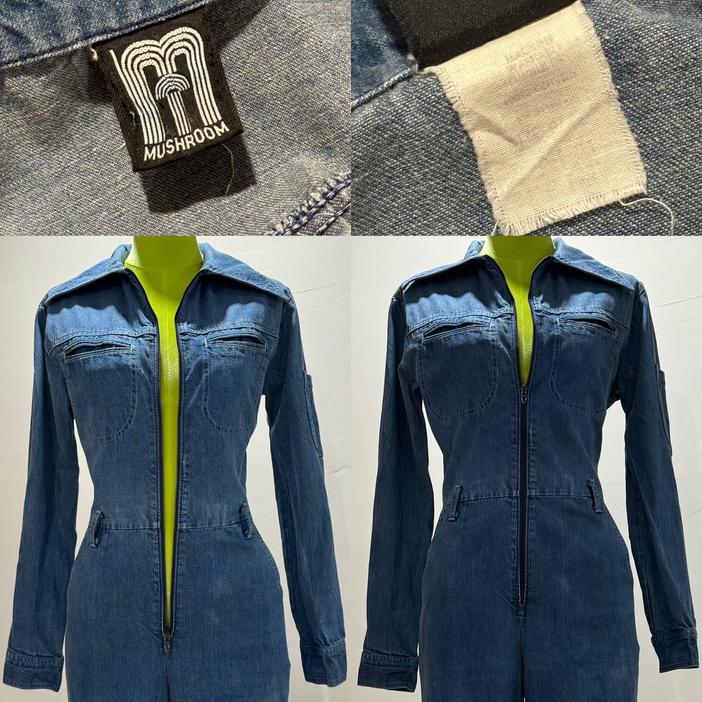 70s Denim Zipper Front, Long Sleeve Jumpsuit (S, 30" Waist)