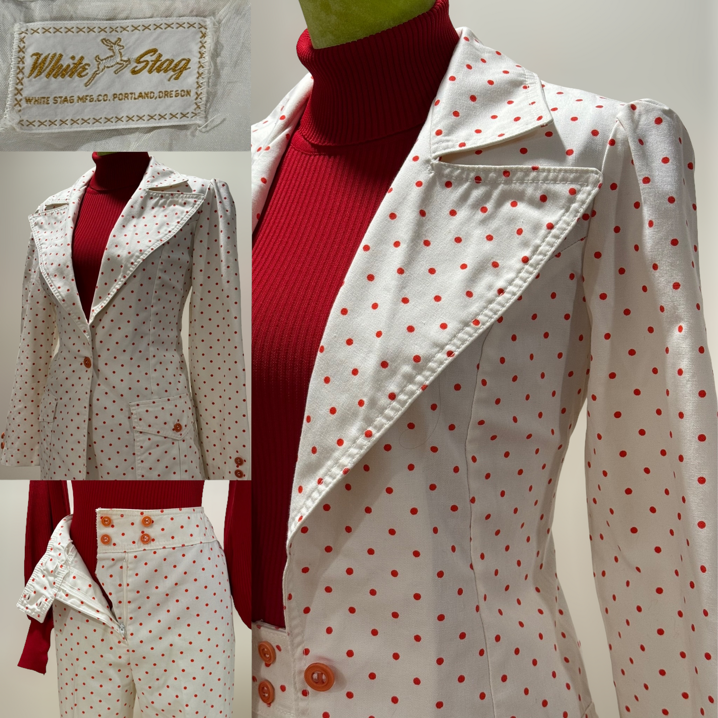 70s 2PC Polka Dot, Wide Leg Flare Pantsuit, Cotton Blend (M, 26”W-28"W)
