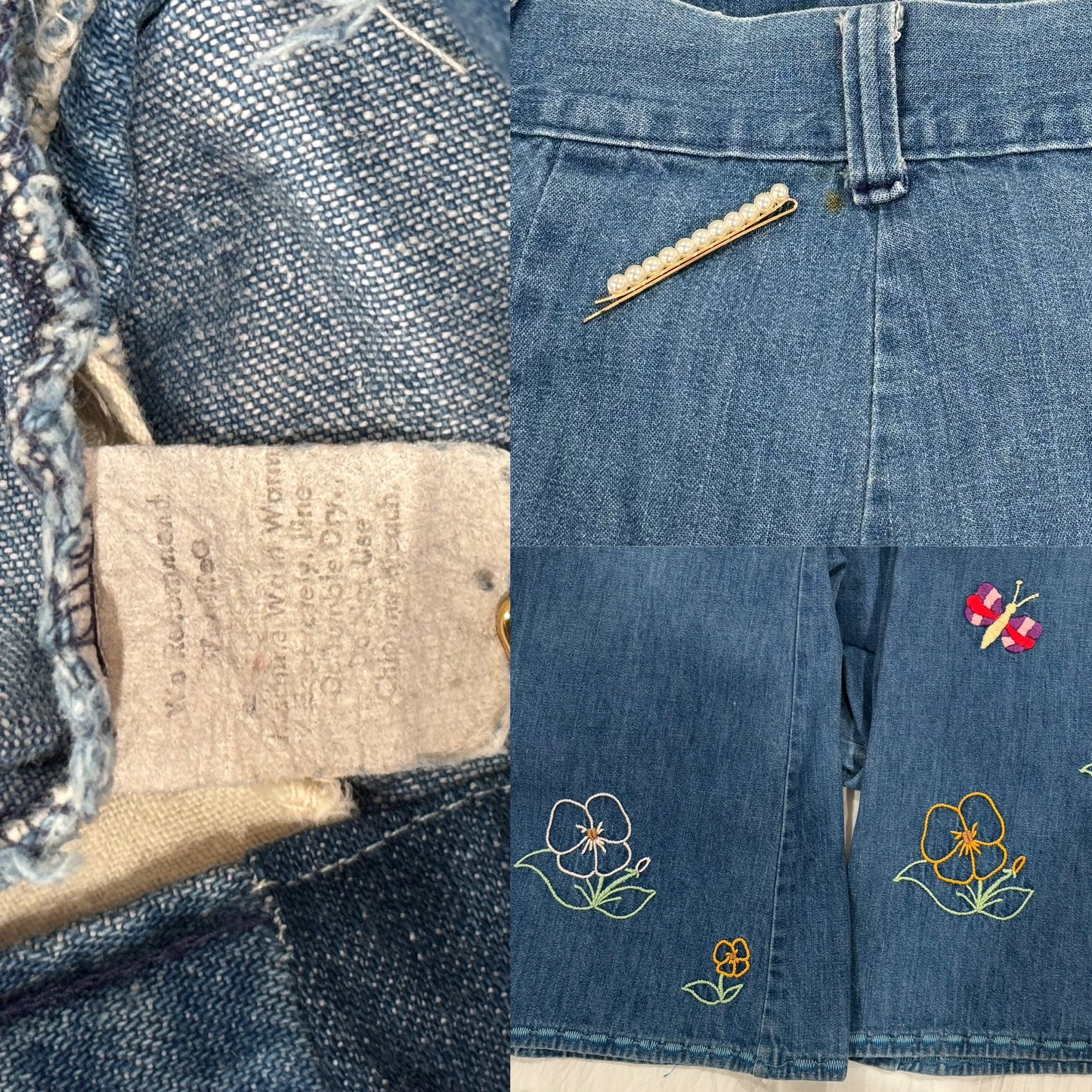 70s Embroidered Denim, High Rise, Flared Pants (S-M, 27"-28" Waist)
