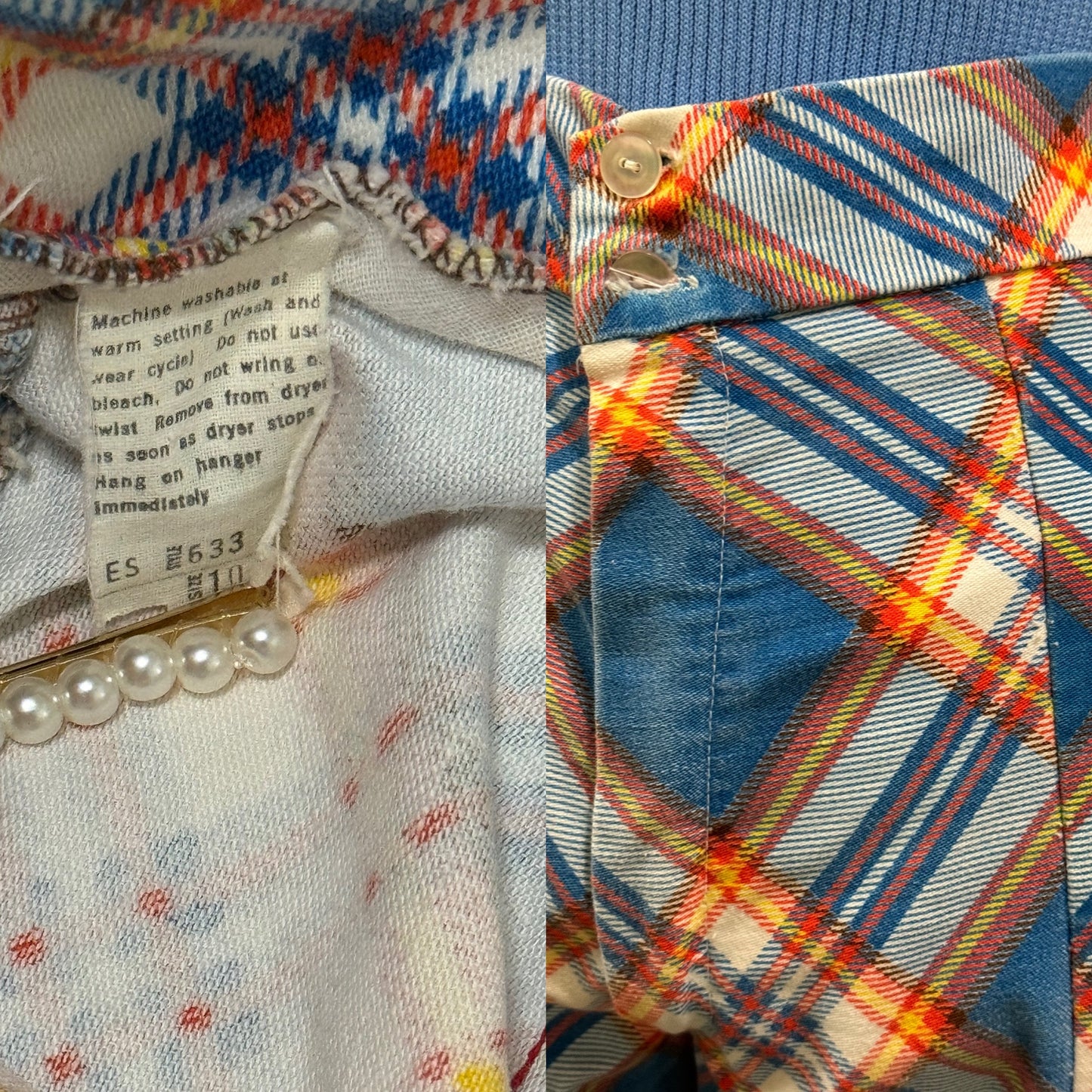 60s-70s Plaid, Cotton Bell Bottom Pants (S, 26”- 27” waist)