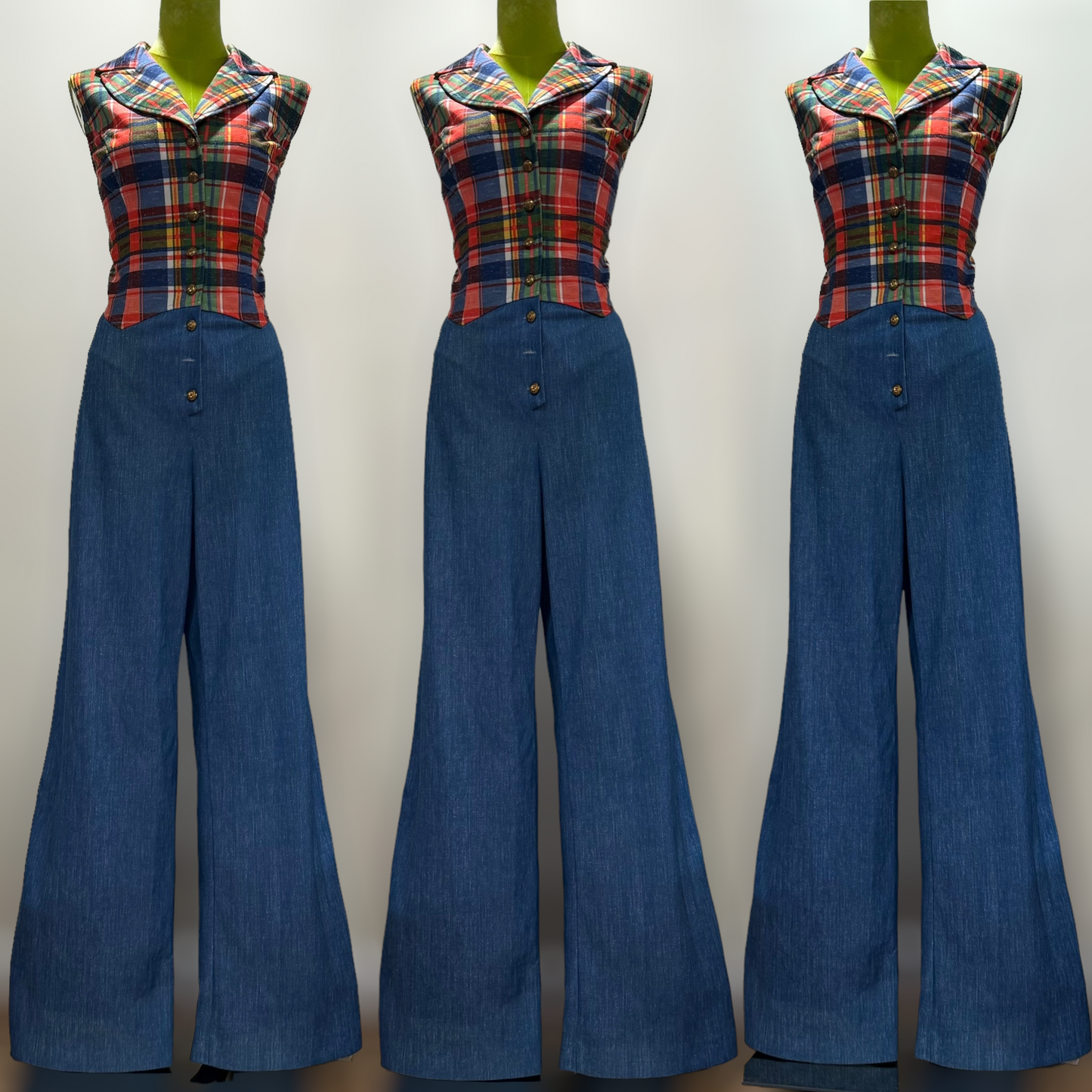 70s Denim Look, Plaid Details Wide Leg Jumpsuit, Button Front (M/L, 32"Waist)