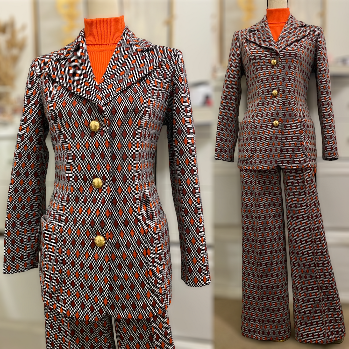 70s Geometric 2PC Pantsuit w/ Gold Buttons (M, 29”-32” waist)