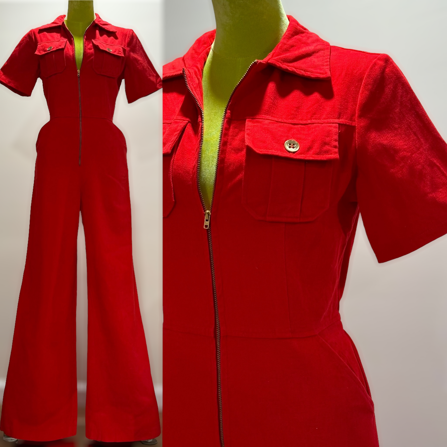 70s Cotton, Zipper Front Wide Leg Jumpsuit (S, 26"-29” Waist)