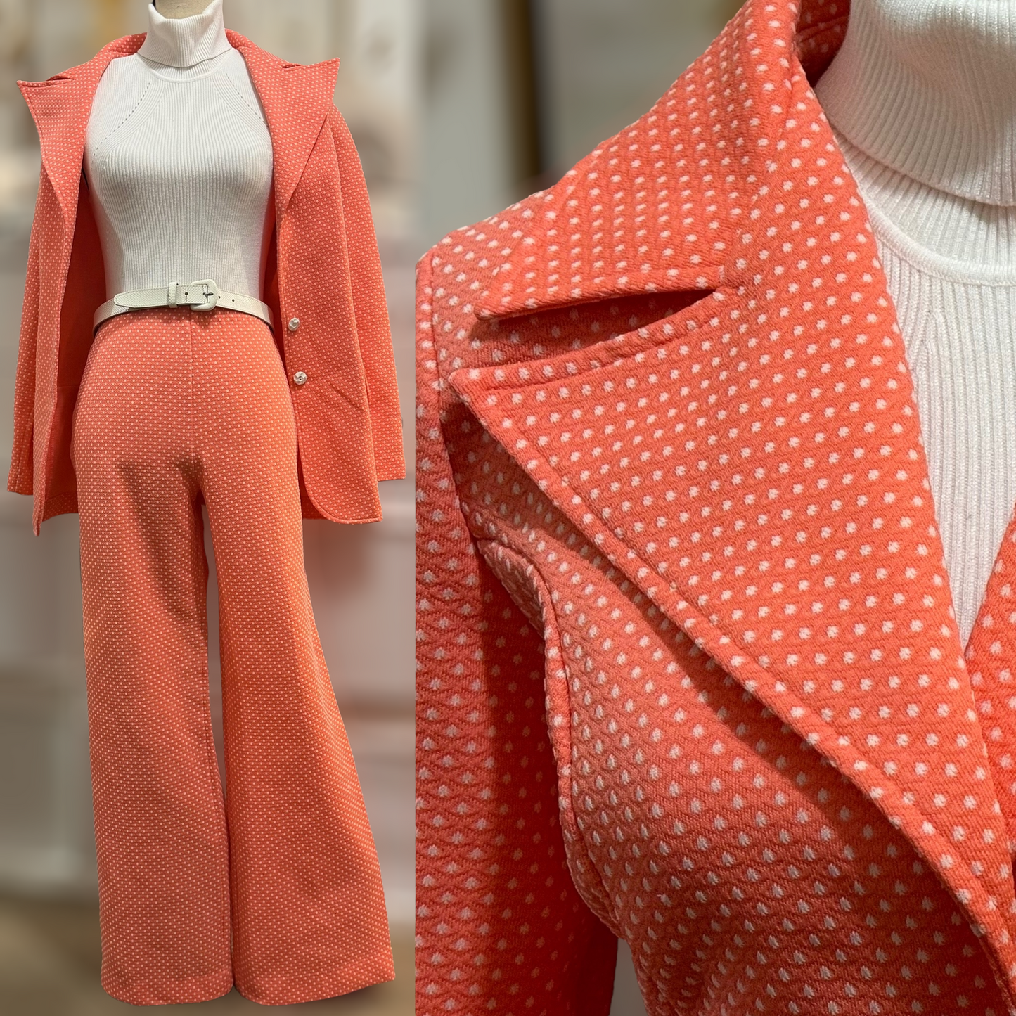60s-70s Swiss Dot, Salmon 2pc Wide-Legged Pantsuit (L, 34"-37" Waist)