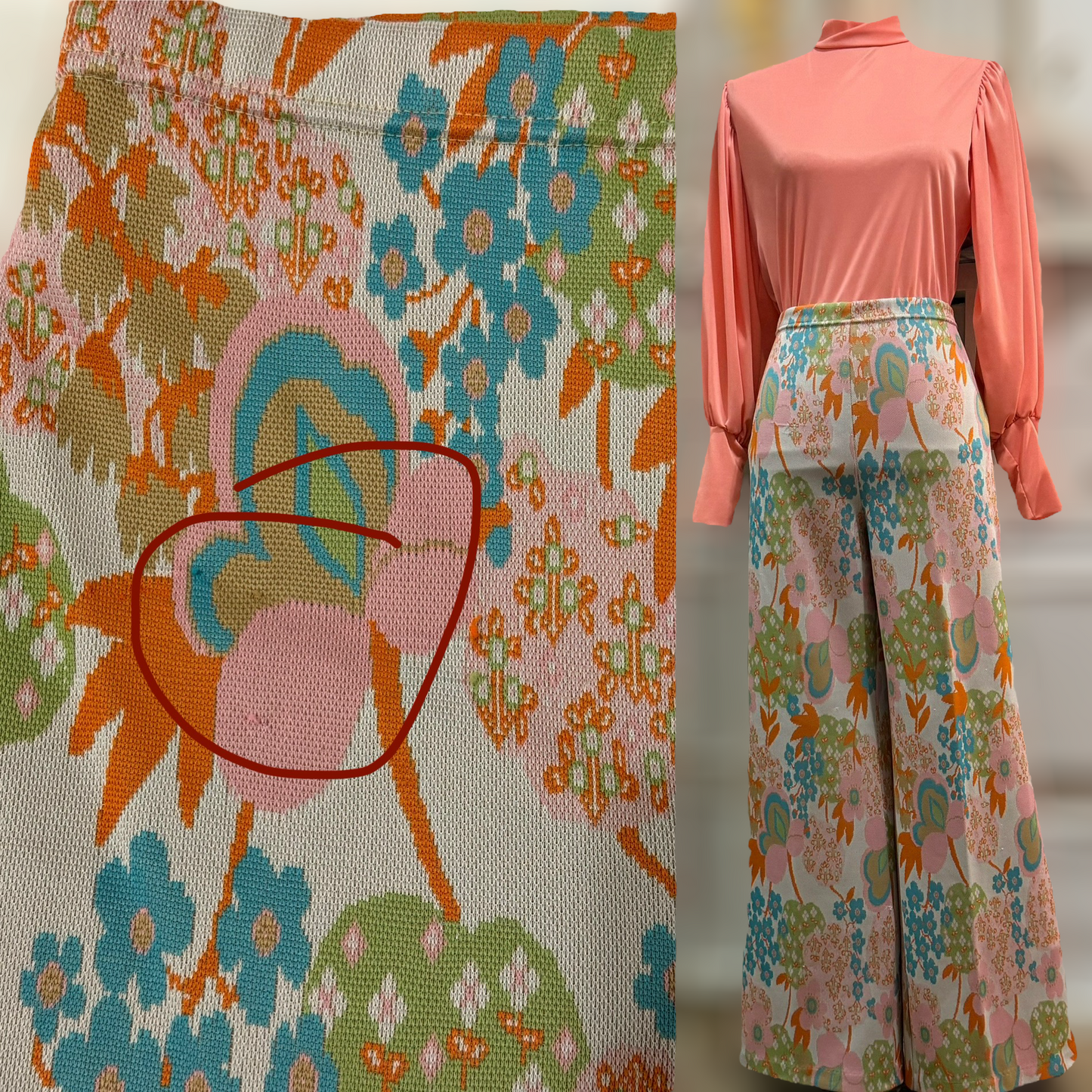 60s-70s Pastel Floral 2PC Leisure Suit (S-M, 29"-31" Waist)