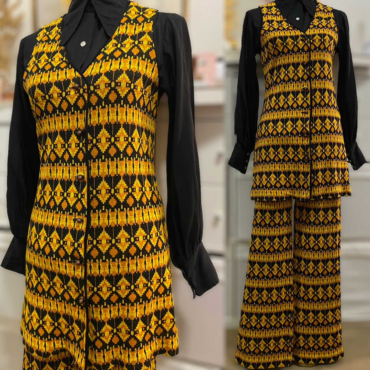 60s-70s Geometric 2-Piece Pant Set, Bootcut, Vest (S-M, 27"-32" Waist)