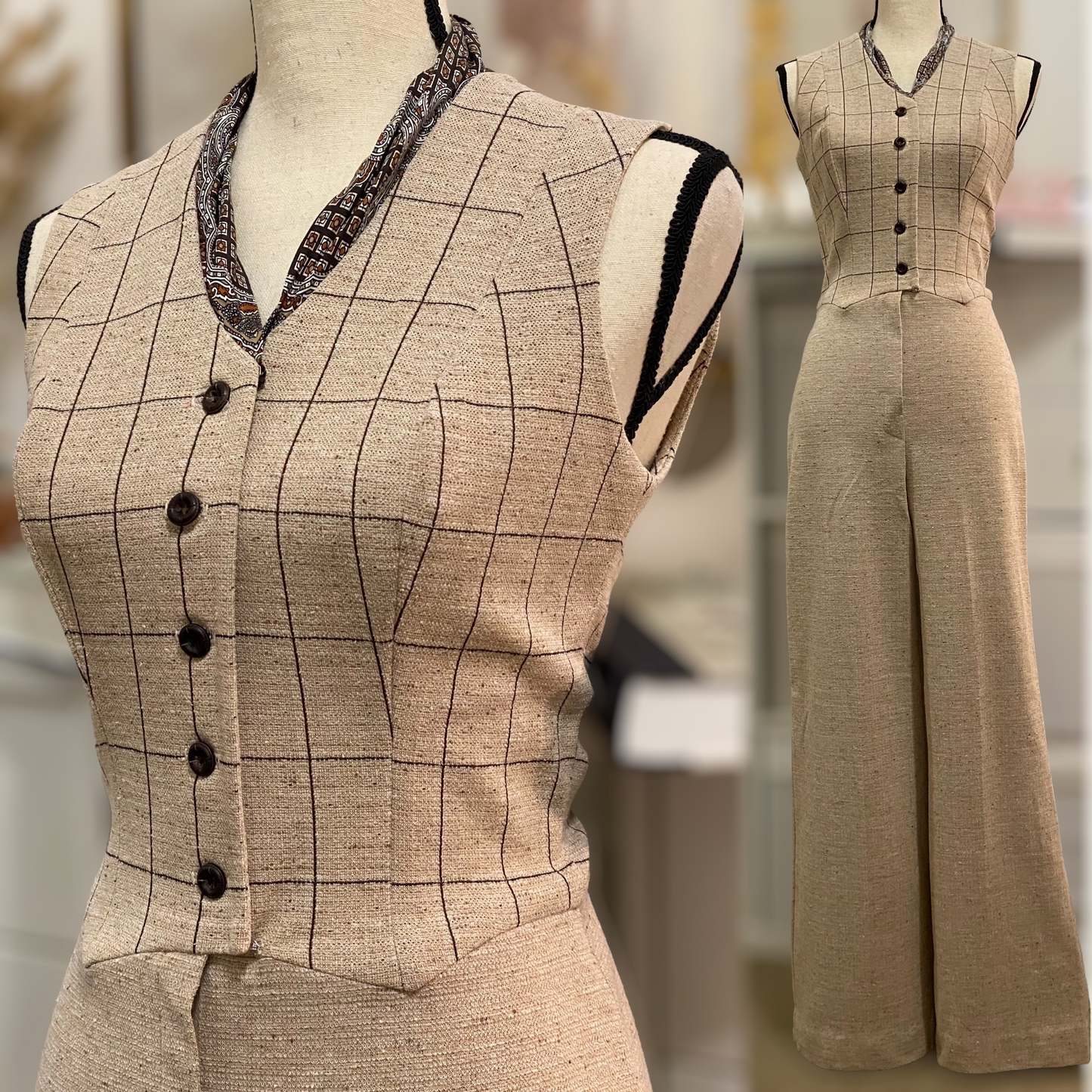 70s 2PC Vest Jumpsuit & Blazer, Latte Beige (S, 26”-27” waist)
