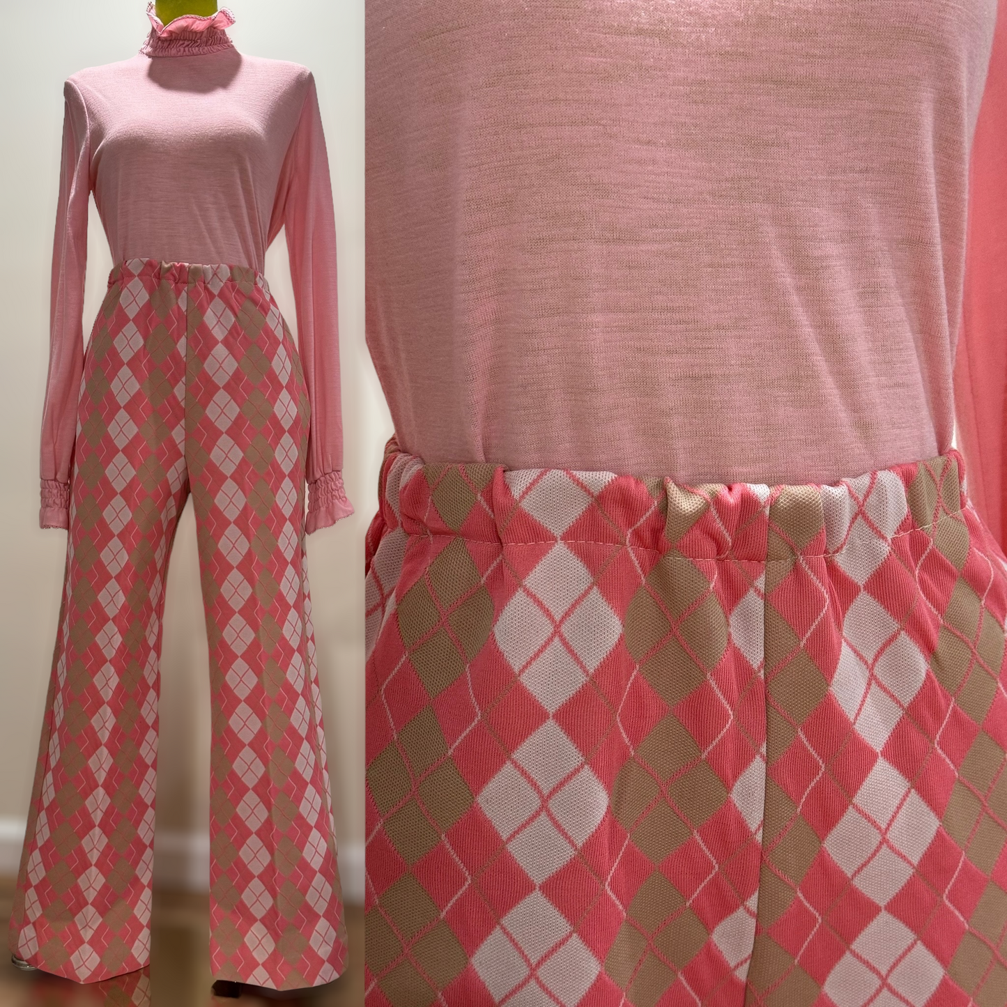 70s Argyle Wide Leg Pants (S-M, 24"-32" Waist)