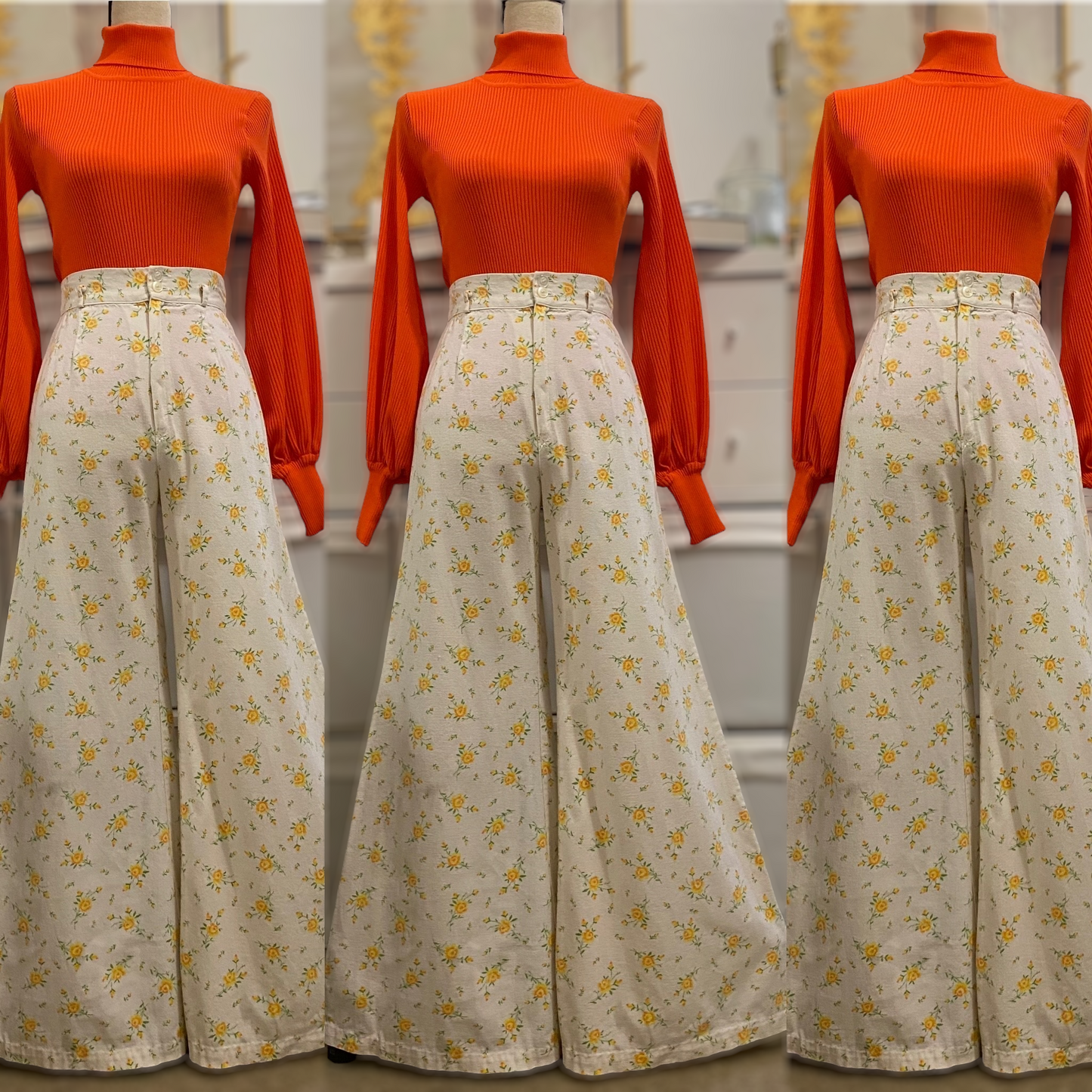 60s-70s Floral, Cotton Bell Bottom Pants (XS-S, 25”- 26” waist)