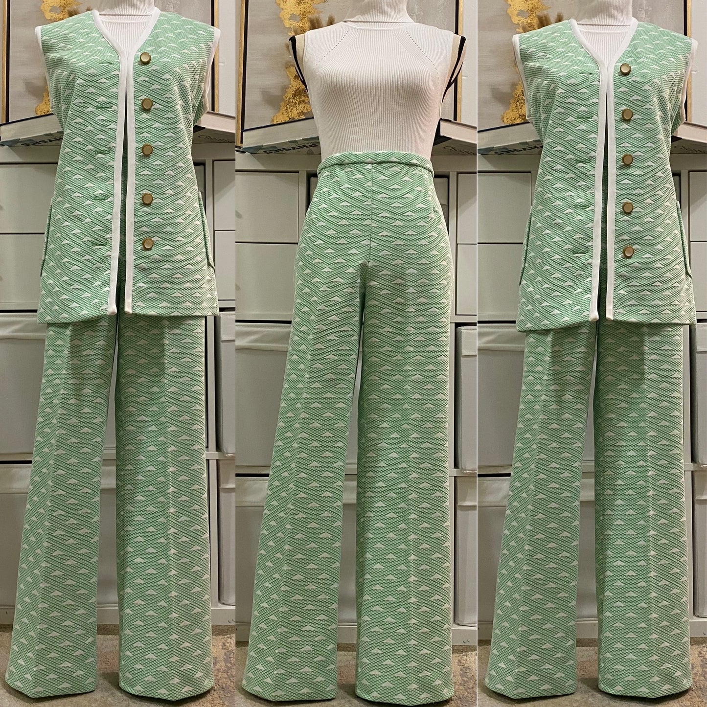 60s-70s Minty Green 2PC Triangle Vest Suit (L,30”-34” waist)
