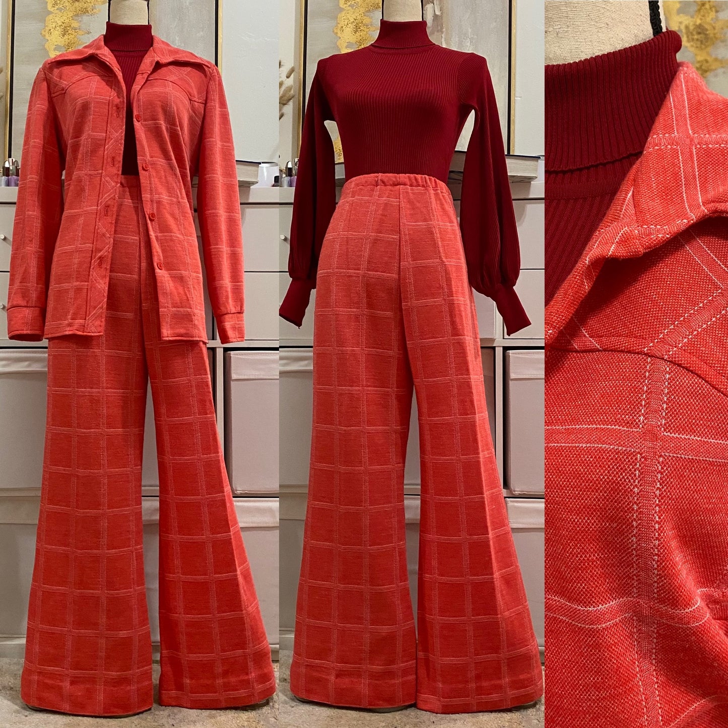70s Grid/Checkered 2PC Pant Set (L-XL, 33”-40” waist)