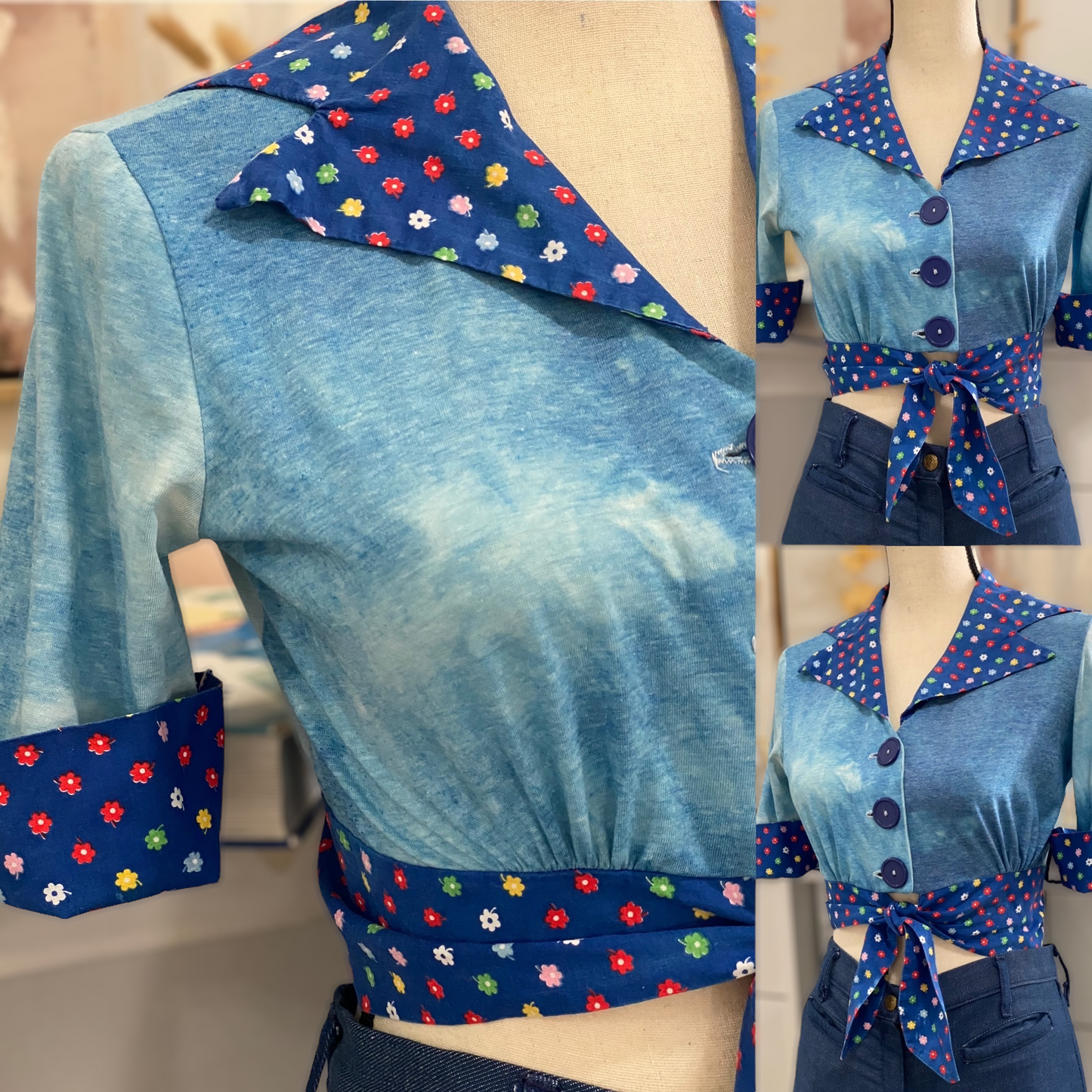 70s Tie Dye Button & Tie Front Crop Top (S, 35" Bust)