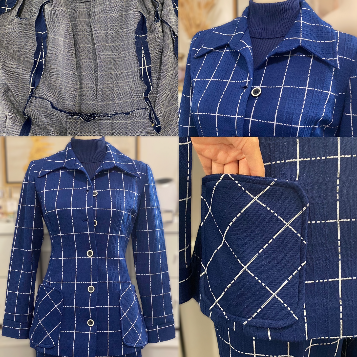 Windowpane 70s 60s blue 2pc pantsuit