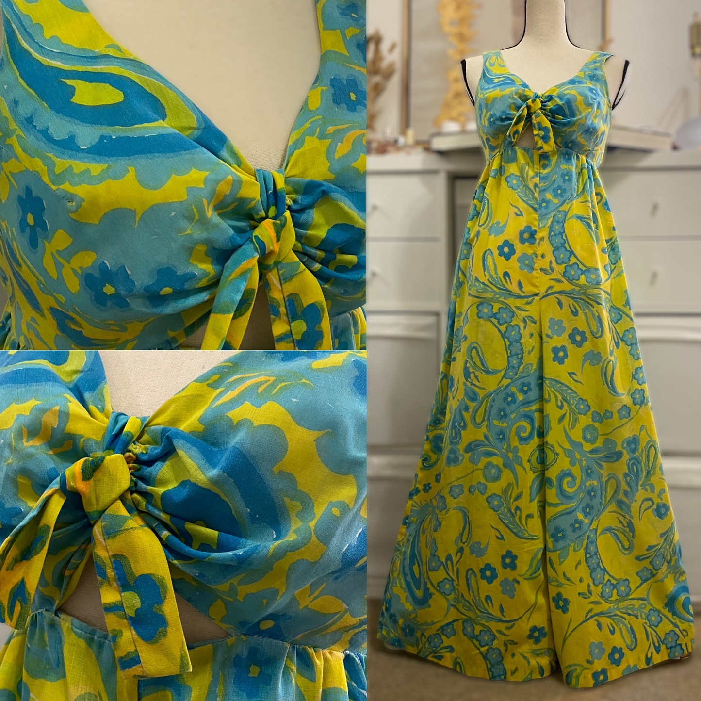 60s-70s Chartreuse Floral Cutout Wide Leg/Flare Jumpsuit (M, 30"Waist)