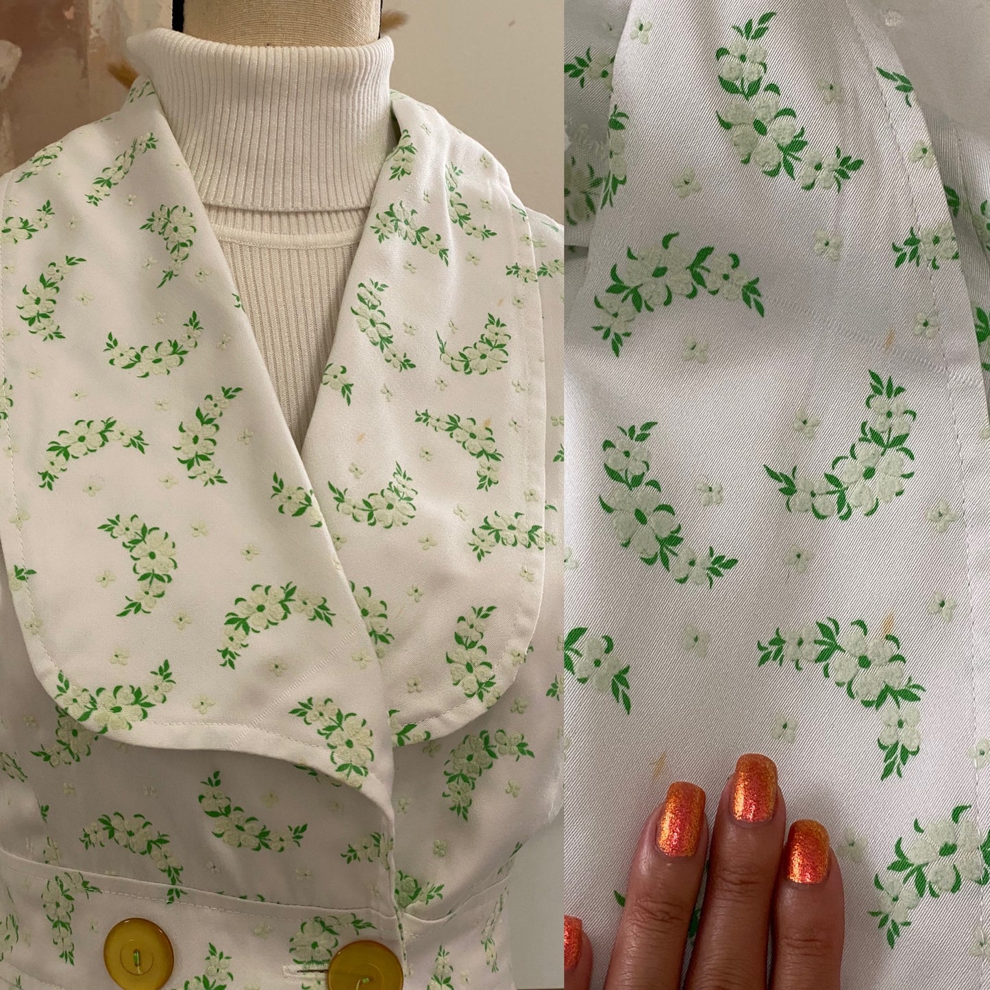 60s-70s Floral 2PC Bell Bottom Pantsuit (S, 26"Waist)