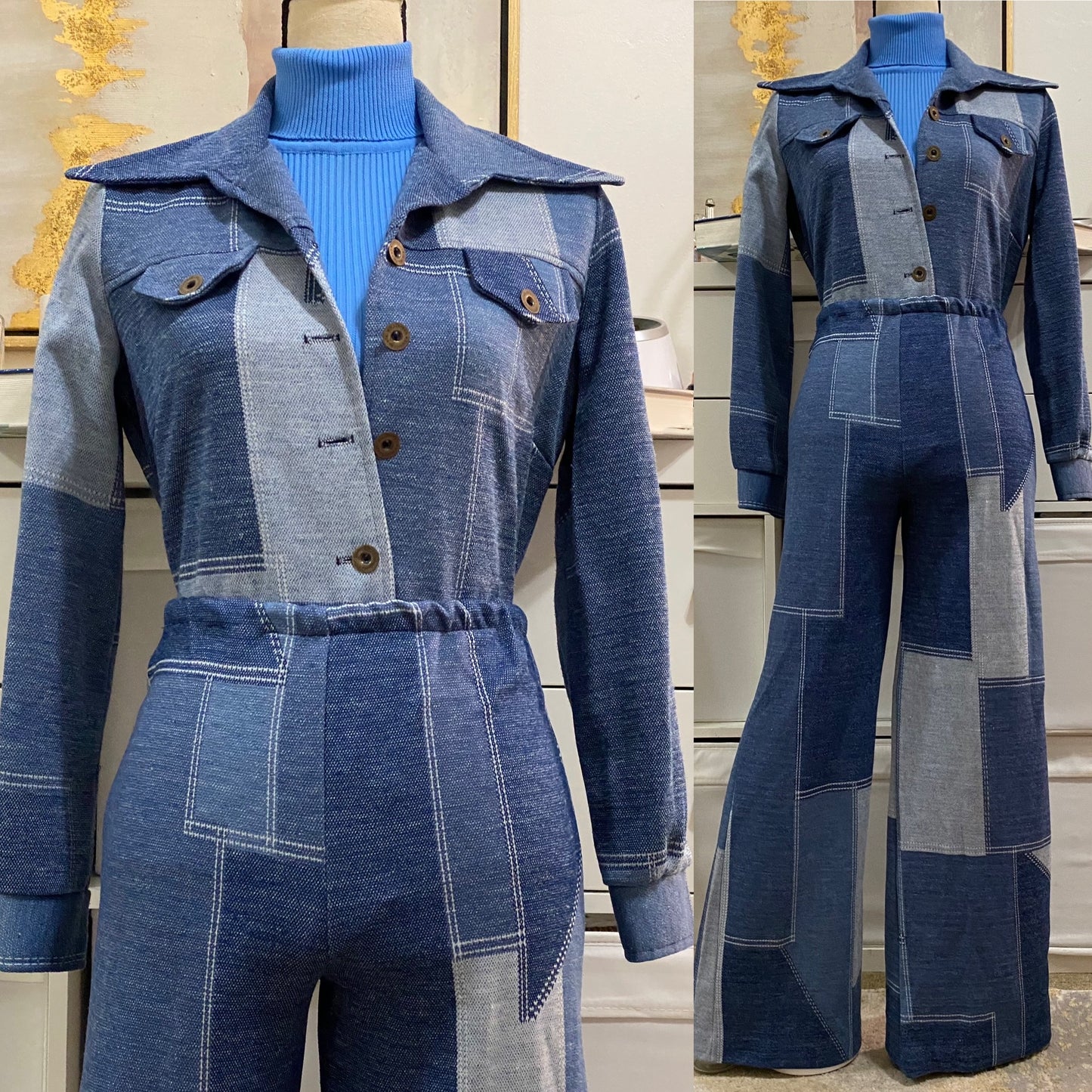 70s Faux Denim Patchwork 2PC Pant Set/Leisure Suit (S-M)