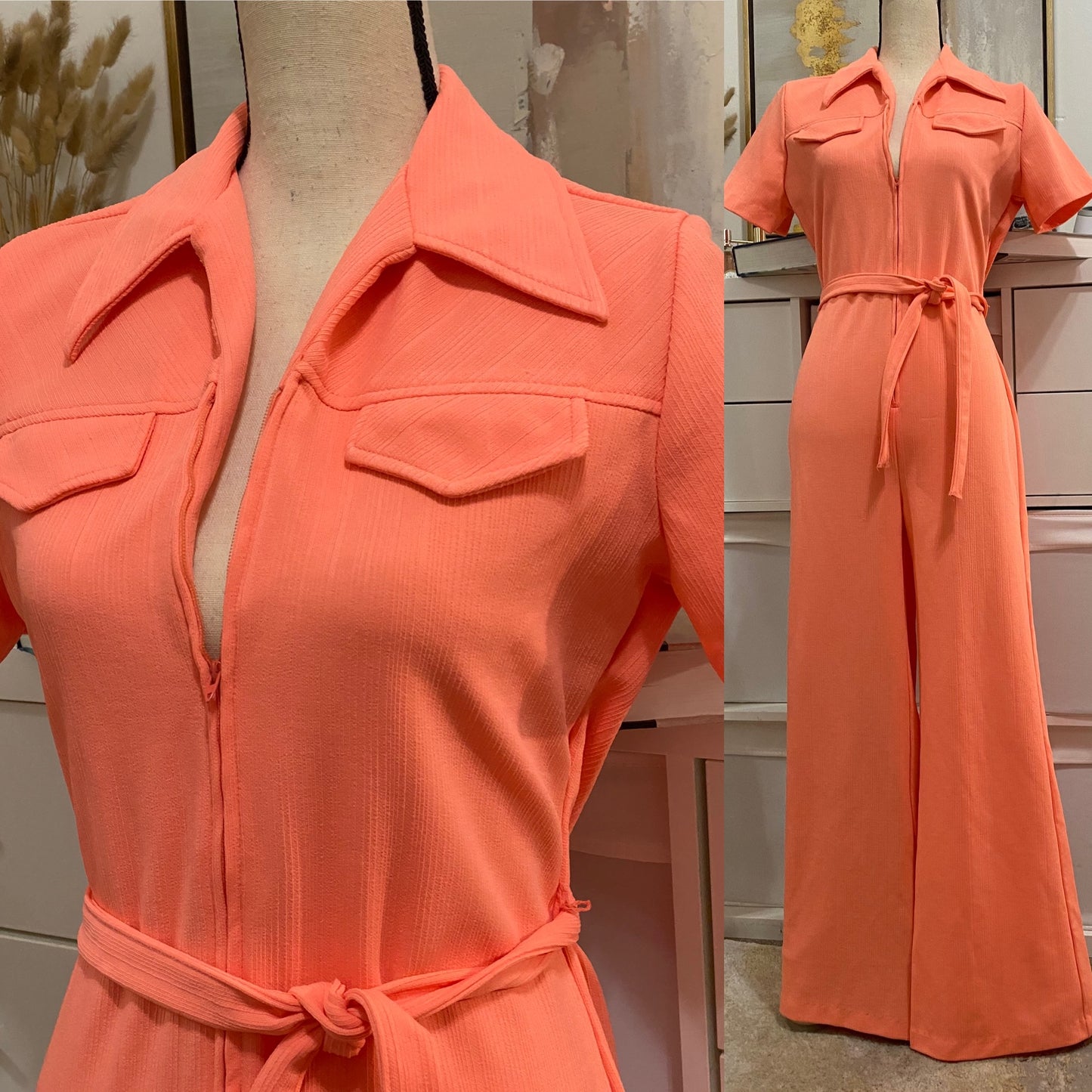 70s Creamsicle Zipper Front Jumpsuit (M,33” waist)