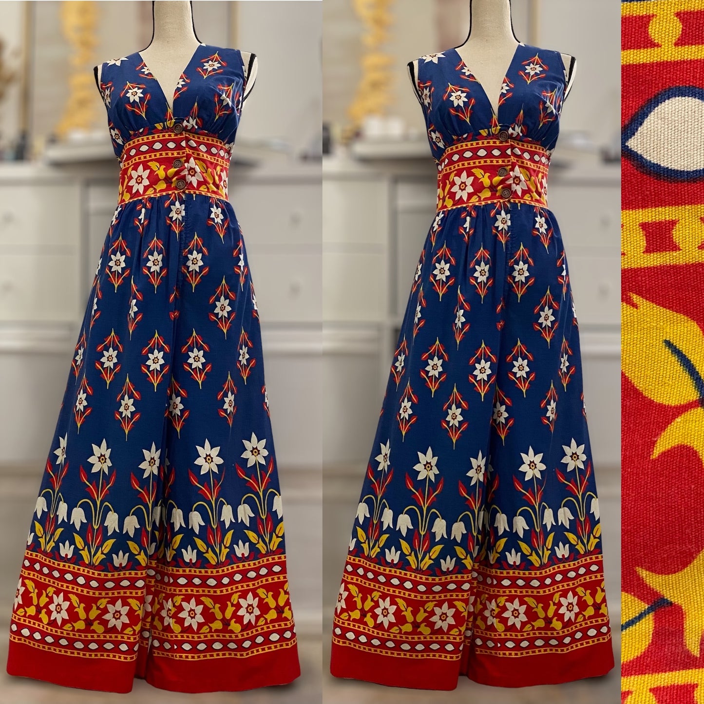 60s-70s Floral Cotton V-neck Bell Bottom Jumpsuit (M, 30" Waist)