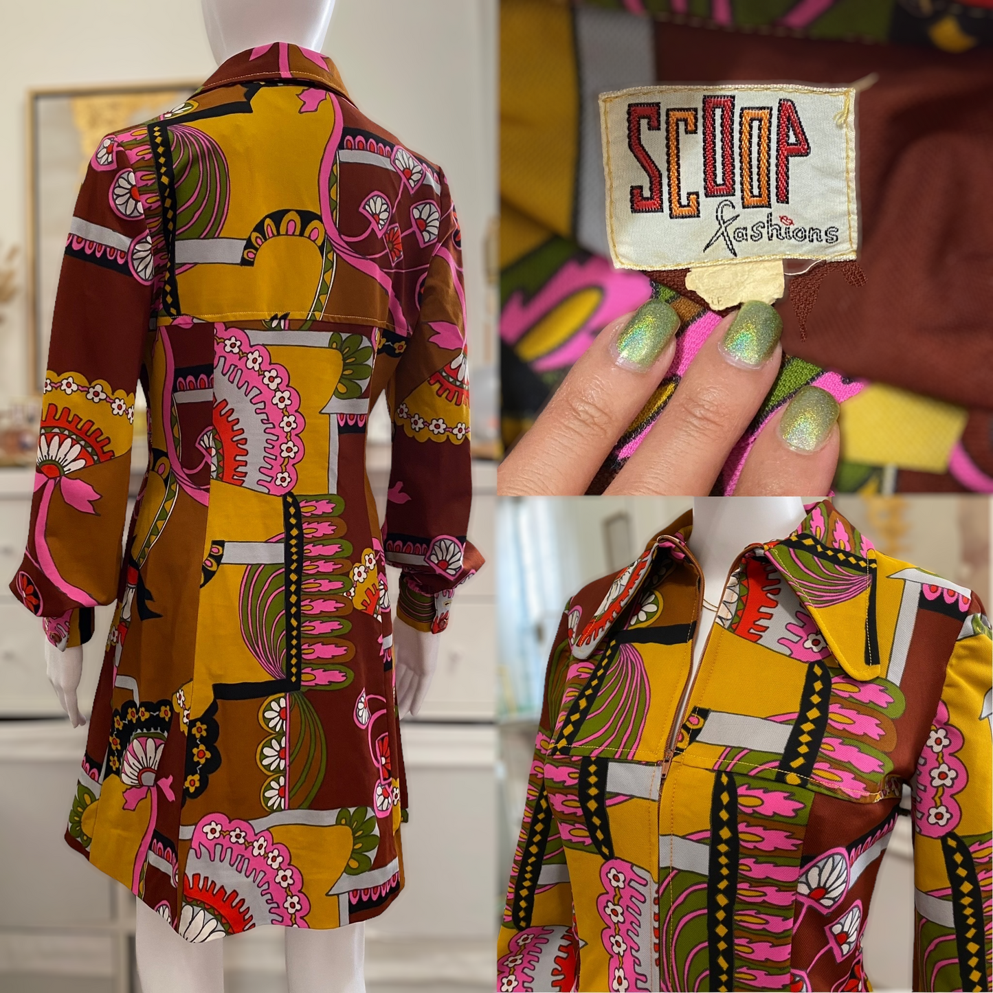 60s Psychedelic, Bishop Sleeves & Beagle Ear Collar Mini Dress (S-M,29"Waist)