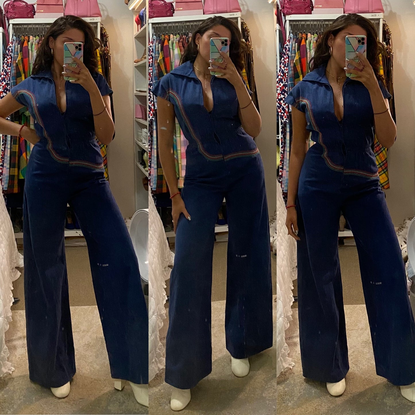 70s Denim, Rainbow Stitching, Zipper Front Jumpsuit (XS-SM, 22”-27” waist)