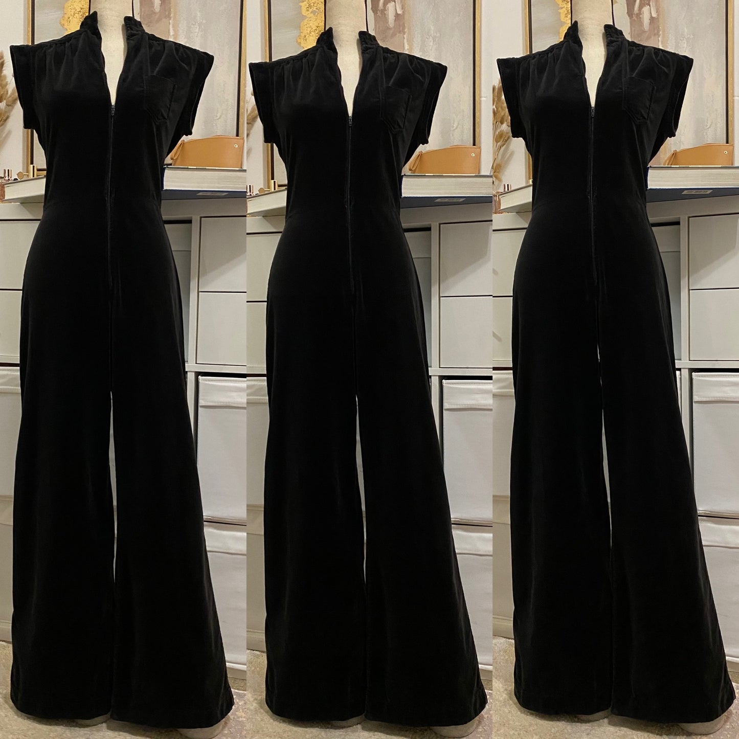 60s-70s Black Velvet, Zipper Front & Wide Leg Jumpsuit (M, 29” Waist)