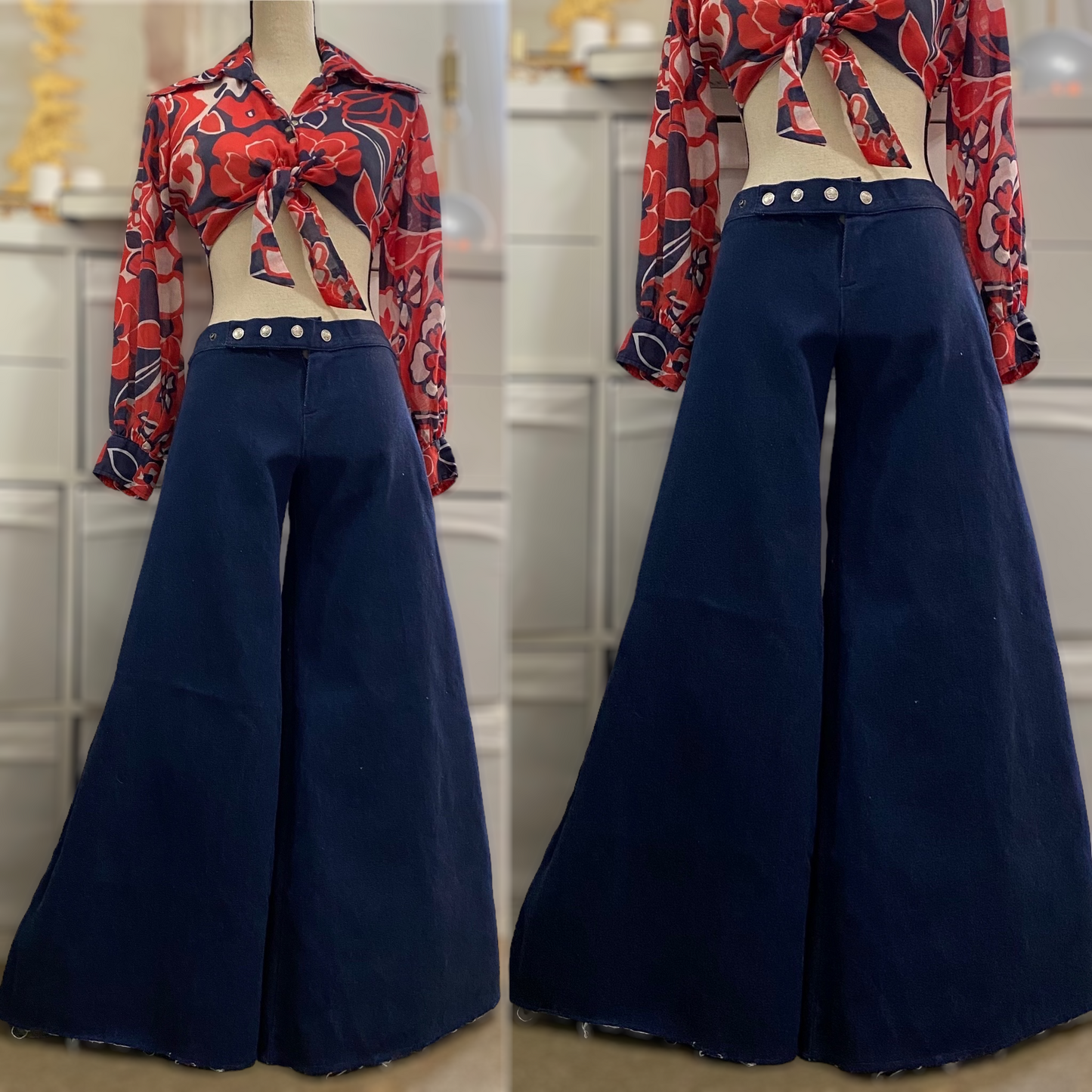 70s Denim Bell Bottom Pants, Low Rise (XXS-XS, 28" Waist)