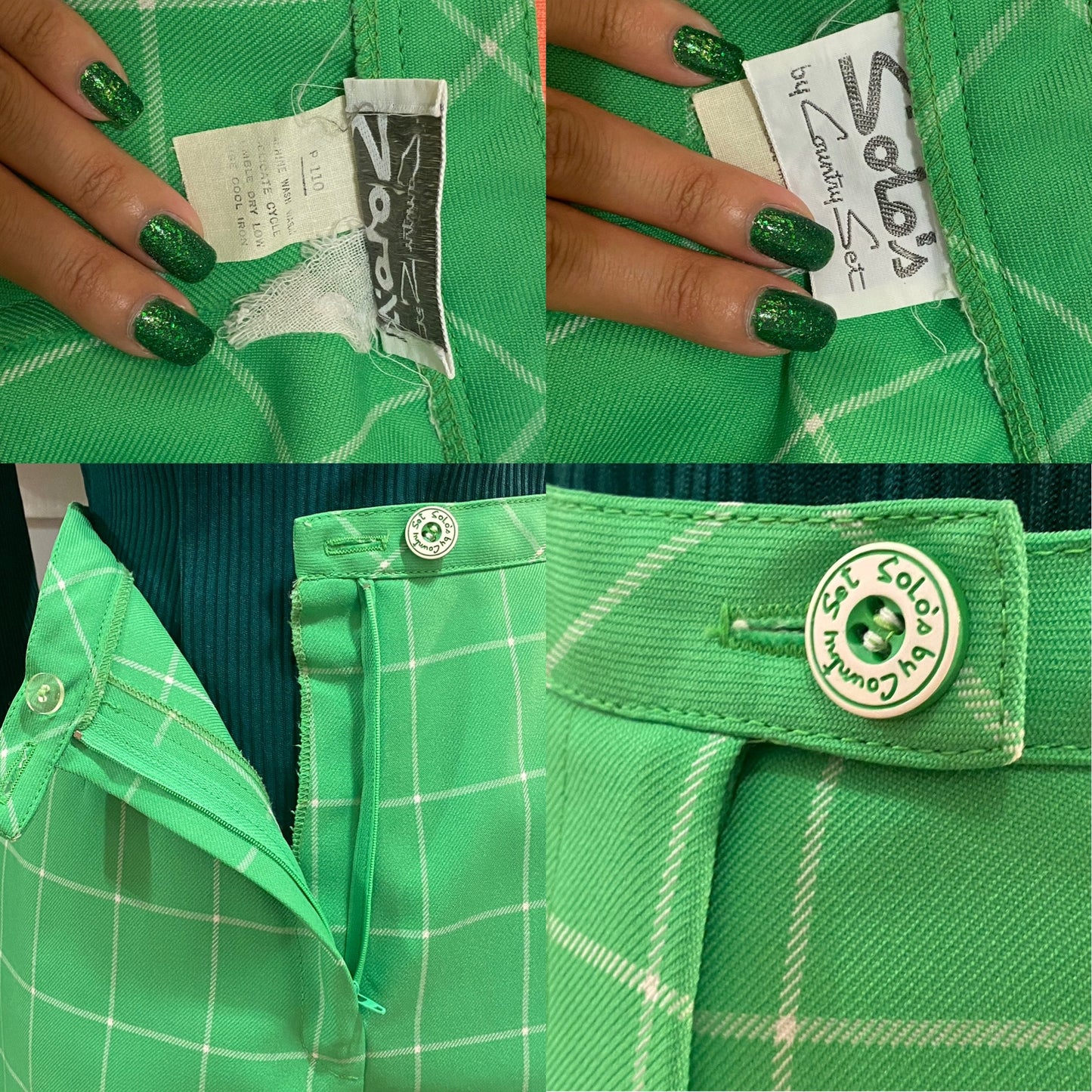 70s Kelly Green, Grid Wide Leg Pants (s, 26” waist)
