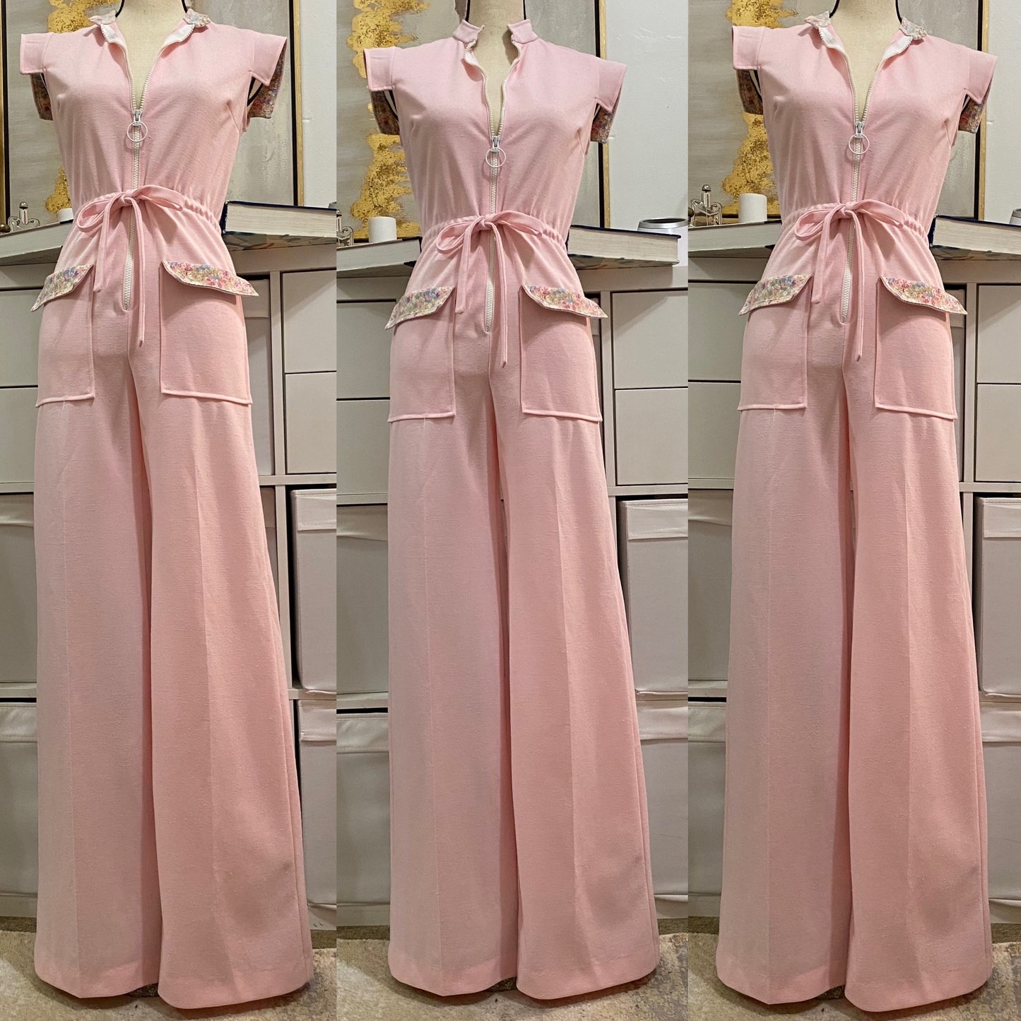 70s Zipper Front & O-Ring, Wide Leg Jumpsuit (S, 26"-30"W)