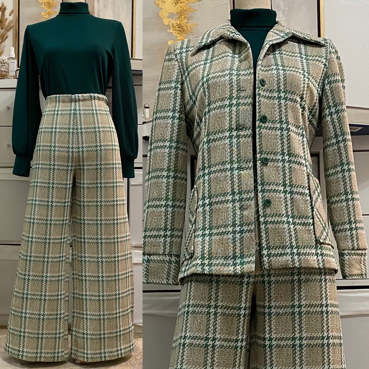 70s Plaid 2-Piece Leisure Pant Set (L-XL, 32”-40” waist)