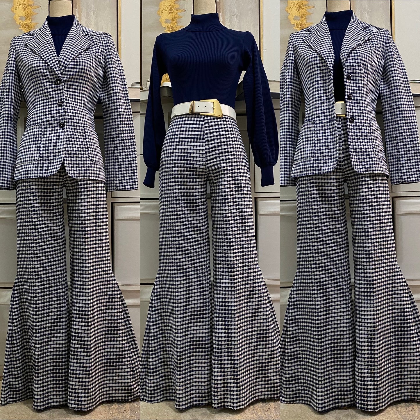 70s 2PC Houndstooth Bell Bottom Pantsuit (S-M, 28”-34” waist)