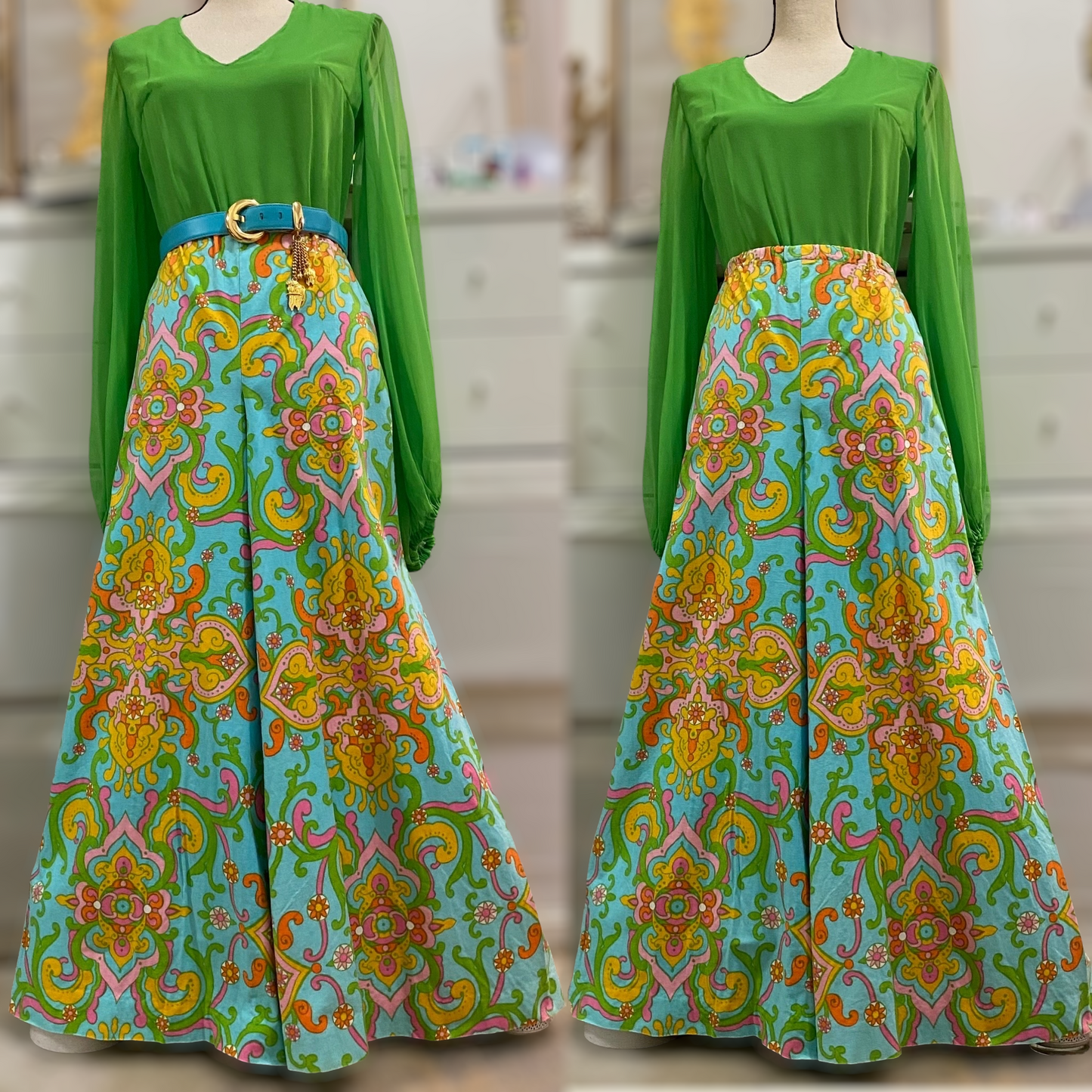 60s-70s Groovy, Cotton Palazzo Pants (L, 31"-36"W)