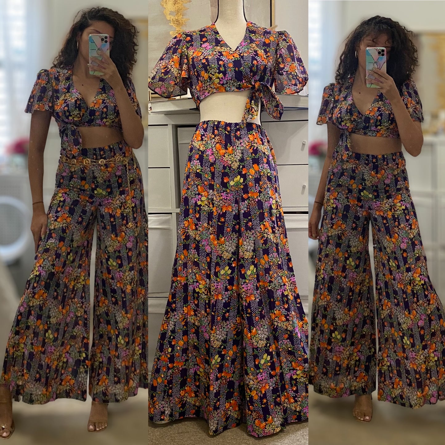 60s 70s Cropped Top & Palazzo Pant Set (S-M, 26”-34” Waist)