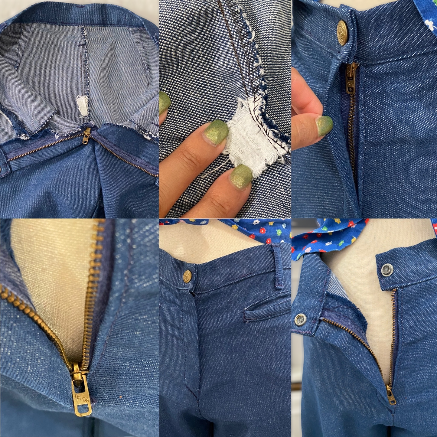 70s Faux Denim, Midrise Bell Bottoms (S, 28" Waist)