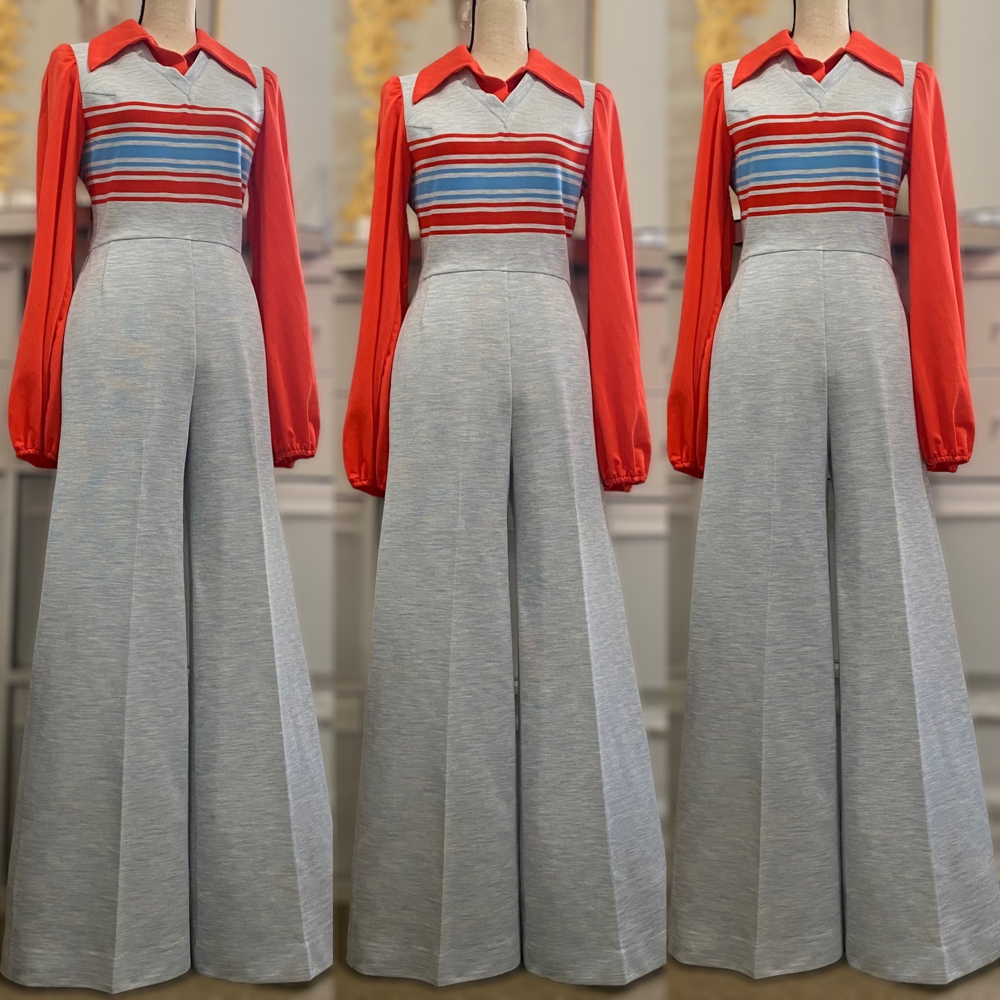 70s Vest Jumpsuit W/ Balloon Sleeves & Bell Bottoms (S, 27" Waist)