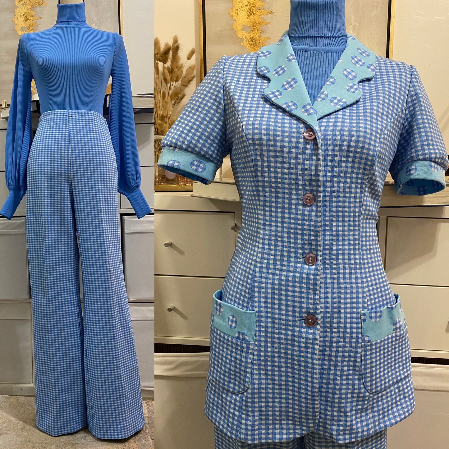 70s Gingham 2pc Wide Leg Pantsuit (M-L, 30”-34” waist)