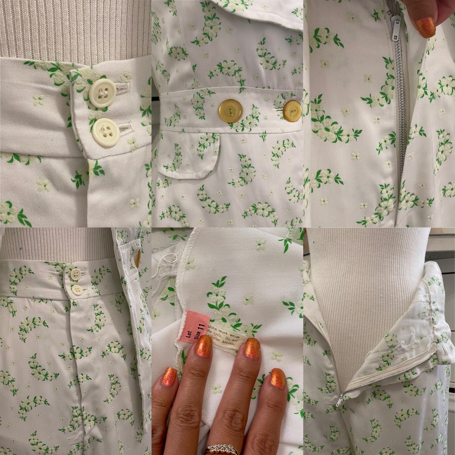 60s-70s Floral 2PC Bell Bottom Pantsuit (S, 26"Waist)
