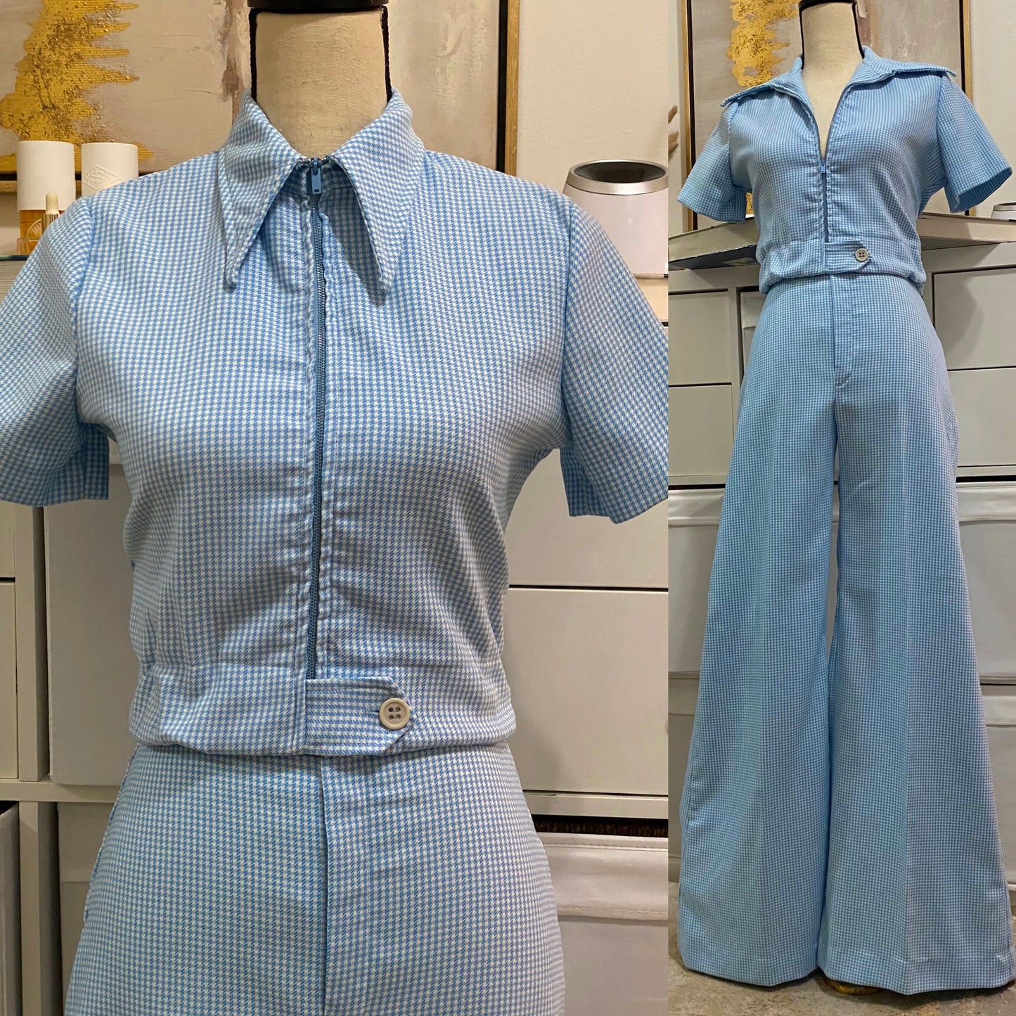 70s Houndstooth Cropped Jacket & Bell Bottom Pant set (XXS,XS - 24” waist)