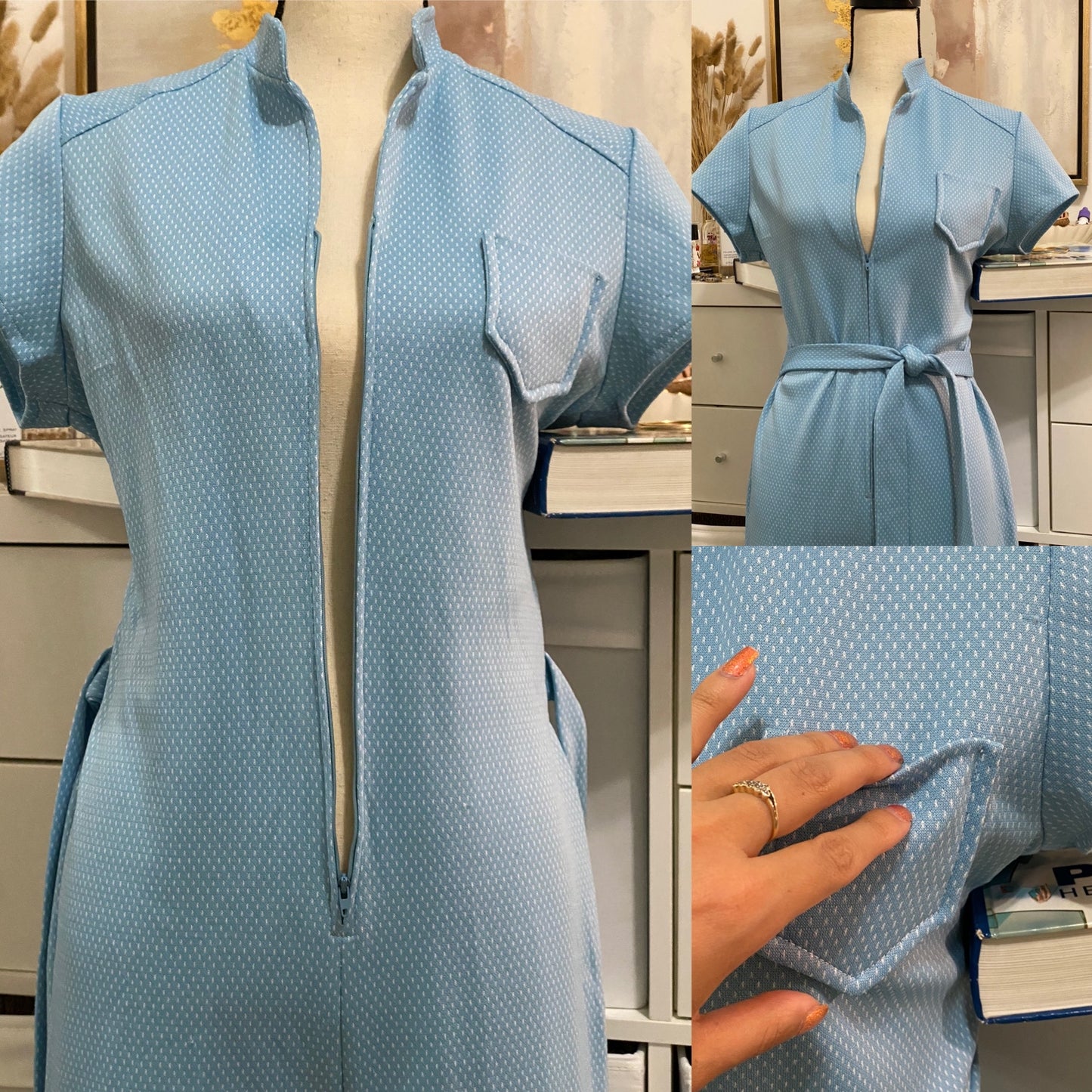 70s Swiss Dot, Zipper Front Bell Bottom Jumpsuit (L, 31”-34” waist