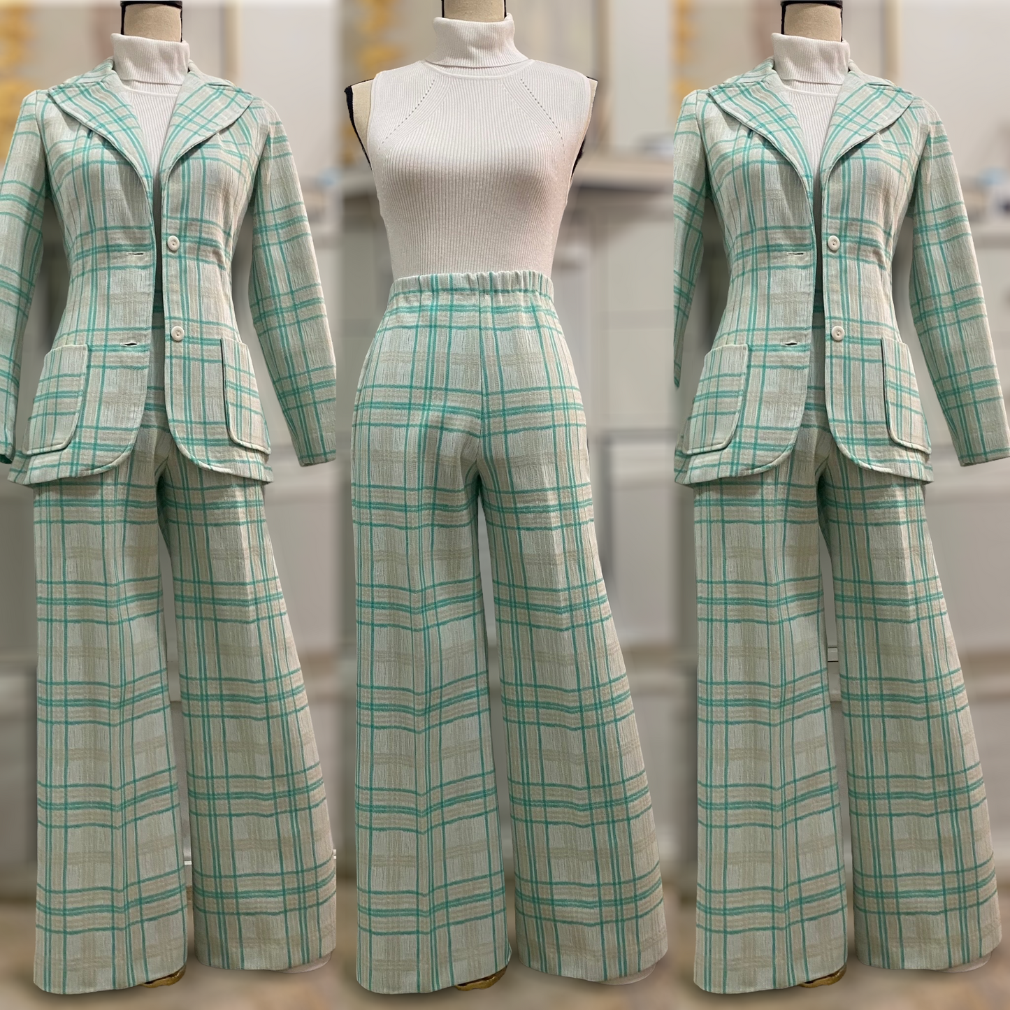 70s Plaid, Silk-Poly blend 2PC Pantsuit (XS, 23”- 28”W)