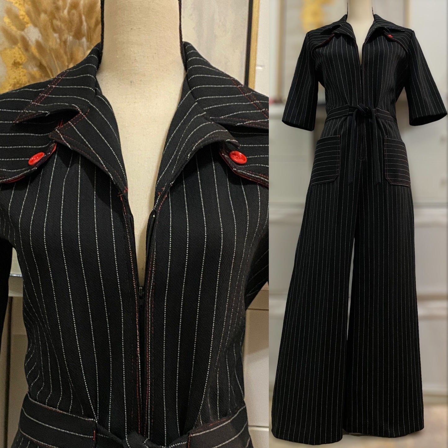 70s Stripe, Wide Leg Jumpsuit w/ Zipper Front (L, 34"W)