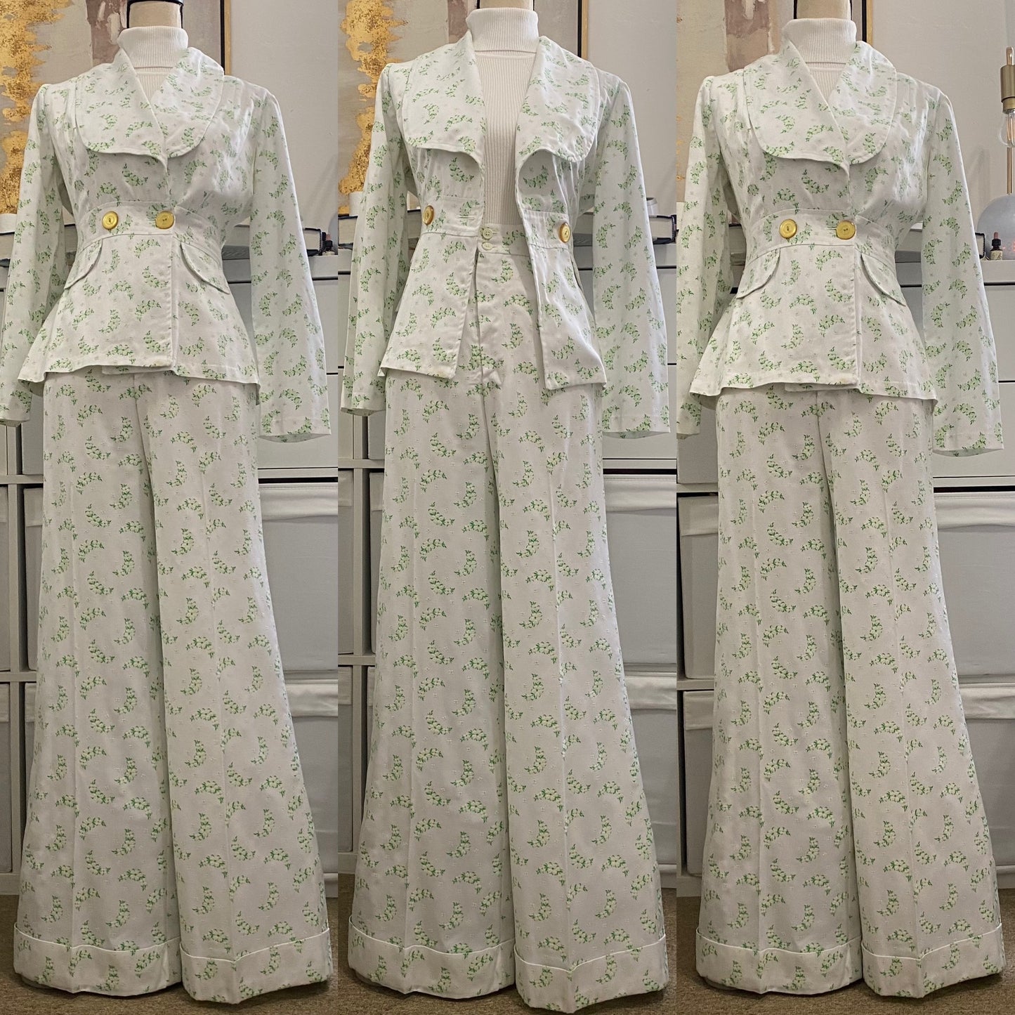 60s-70s Floral 2PC Bell Bottom Pantsuit (S, 26"Waist)